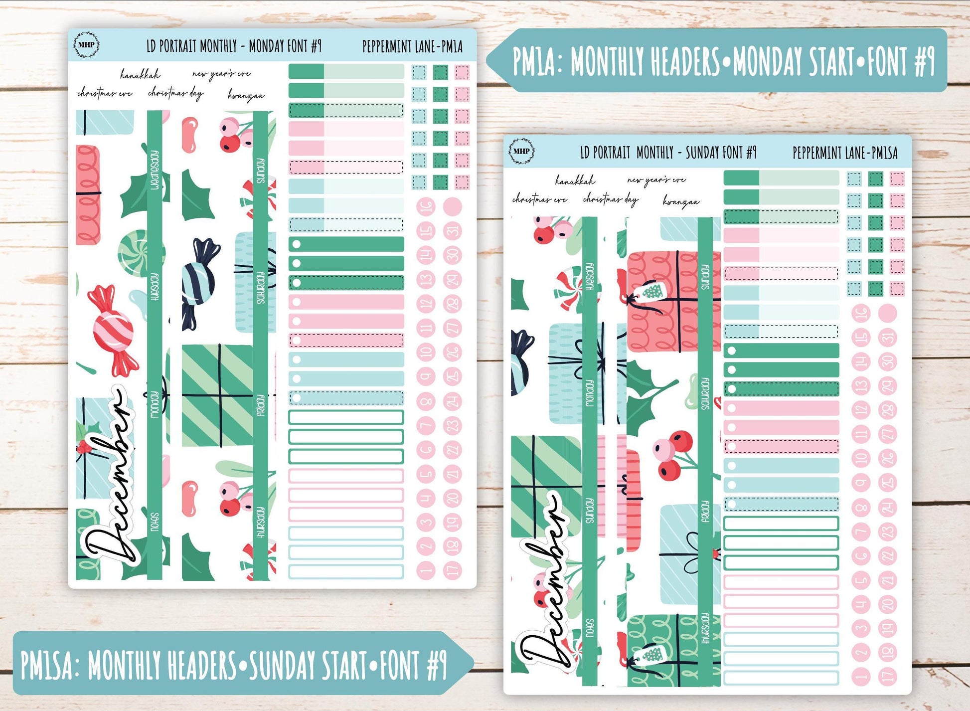 DECEMBER Stickers for The Scout Laurel Denise Planner (formerly Portrait Planner). "Peppermint Lane" || PPL