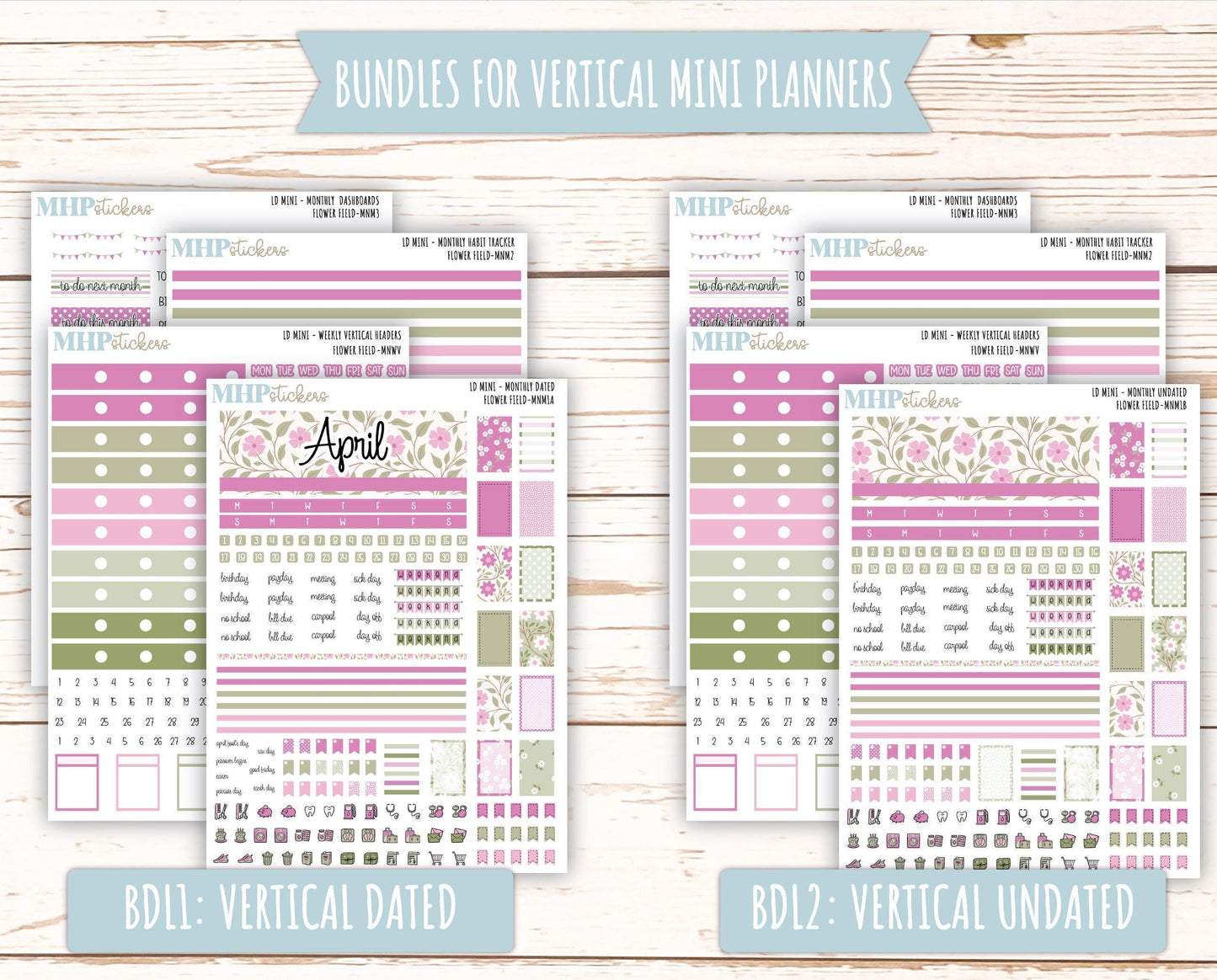 APRIL 2025 Stickers for Small Horizontal & Vertical Laurel Denise Planners. (Formerly Mini Planner) "Flower Field" || MNFF