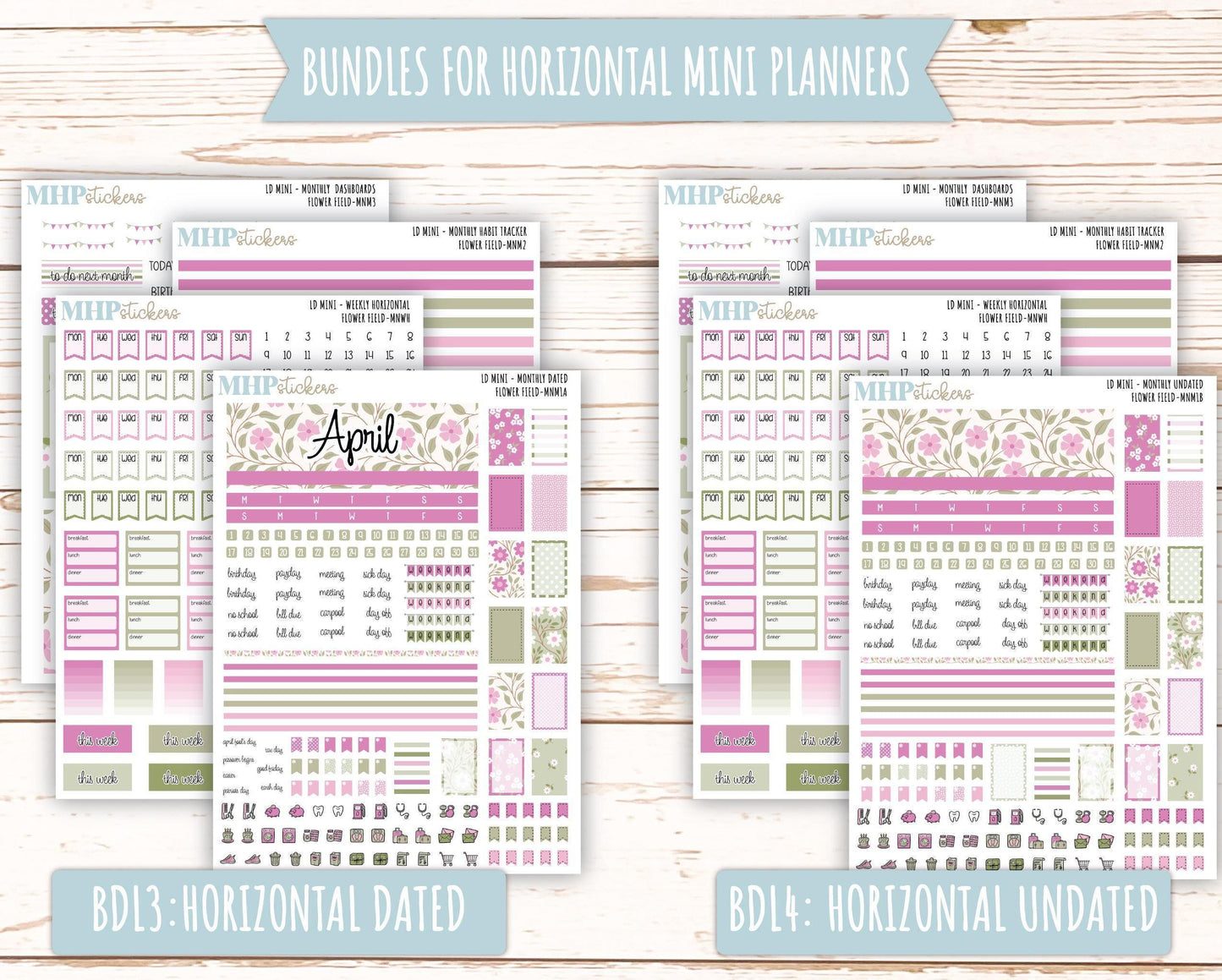 APRIL 2025 Stickers for Small Horizontal & Vertical Laurel Denise Planners. (Formerly Mini Planner) "Flower Field" || MNFF