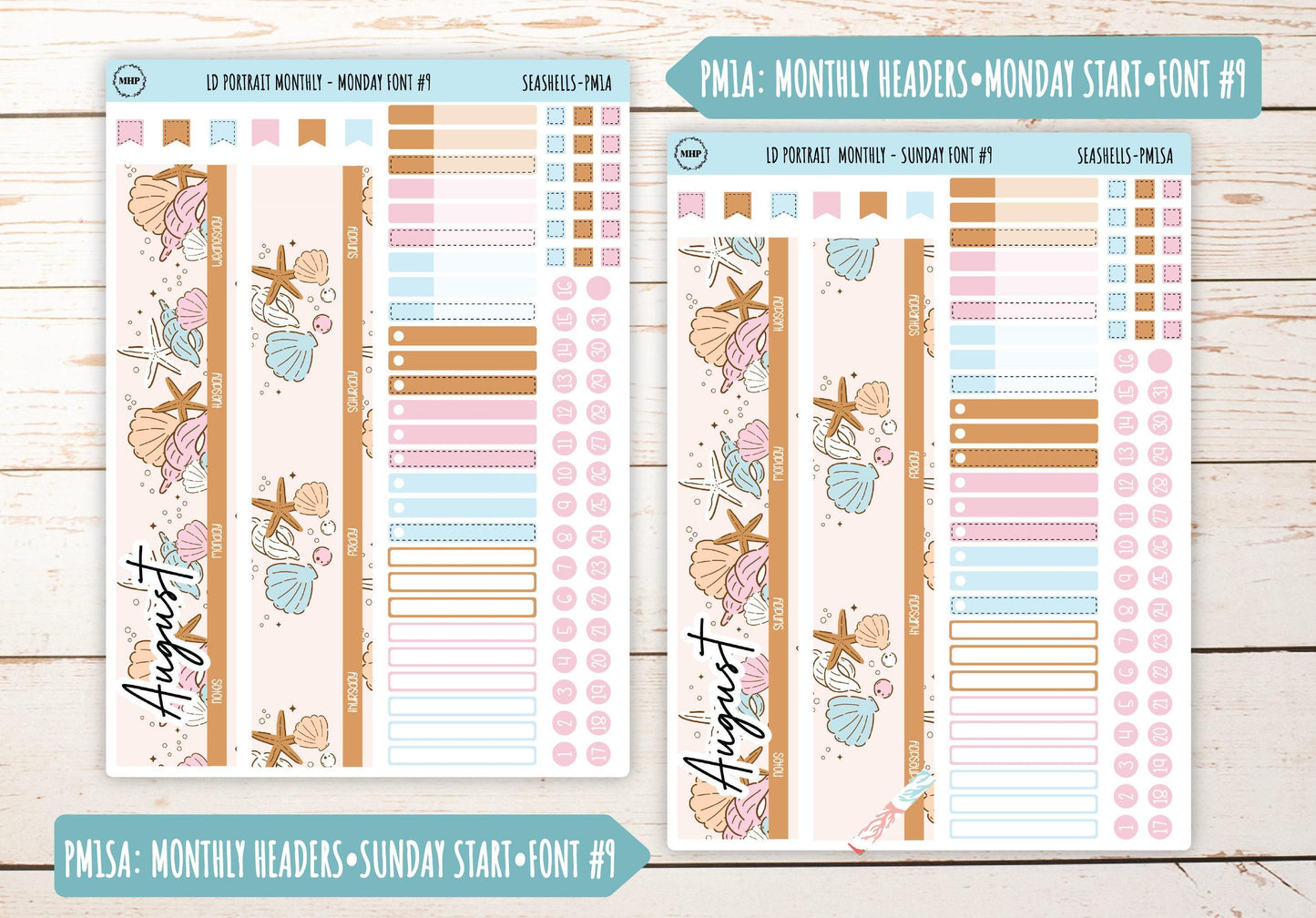 AUGUST Stickers for The Scout Laurel Denise Planner (formerly Portrait Planner). "Seashells" || PSSH