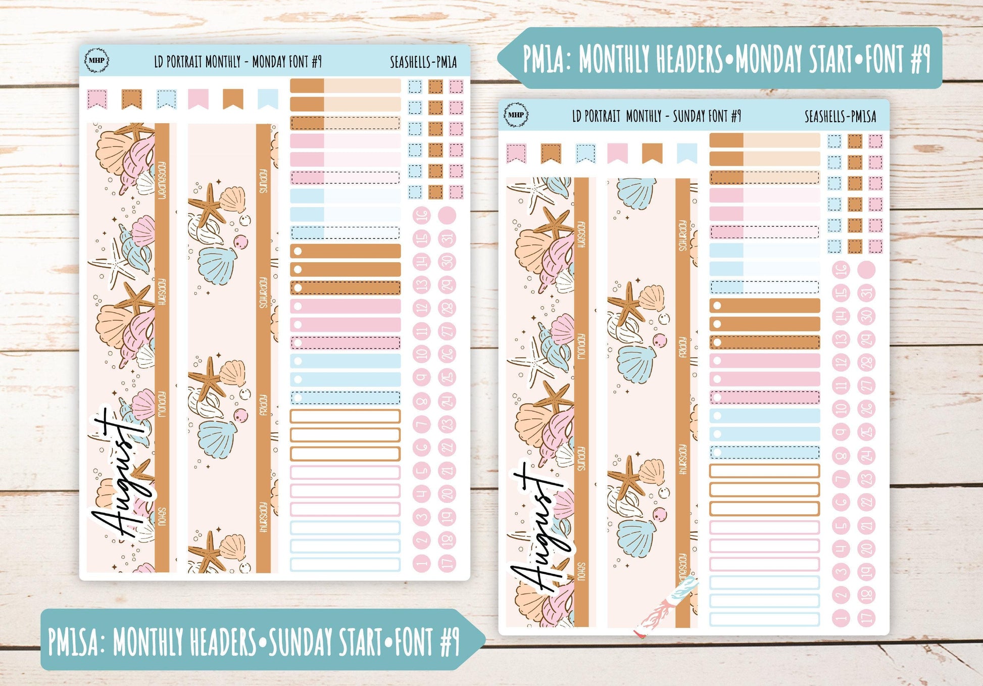 AUGUST Stickers for The Scout Laurel Denise Planner (formerly Portrait Planner). "Seashells" || PSSH