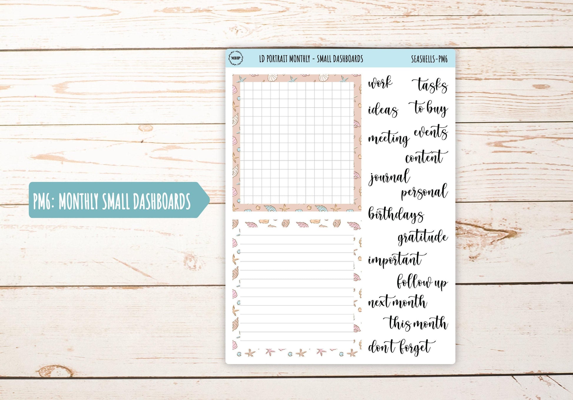 AUGUST Stickers for The Scout Laurel Denise Planner (formerly Portrait Planner). "Seashells" || PSSH