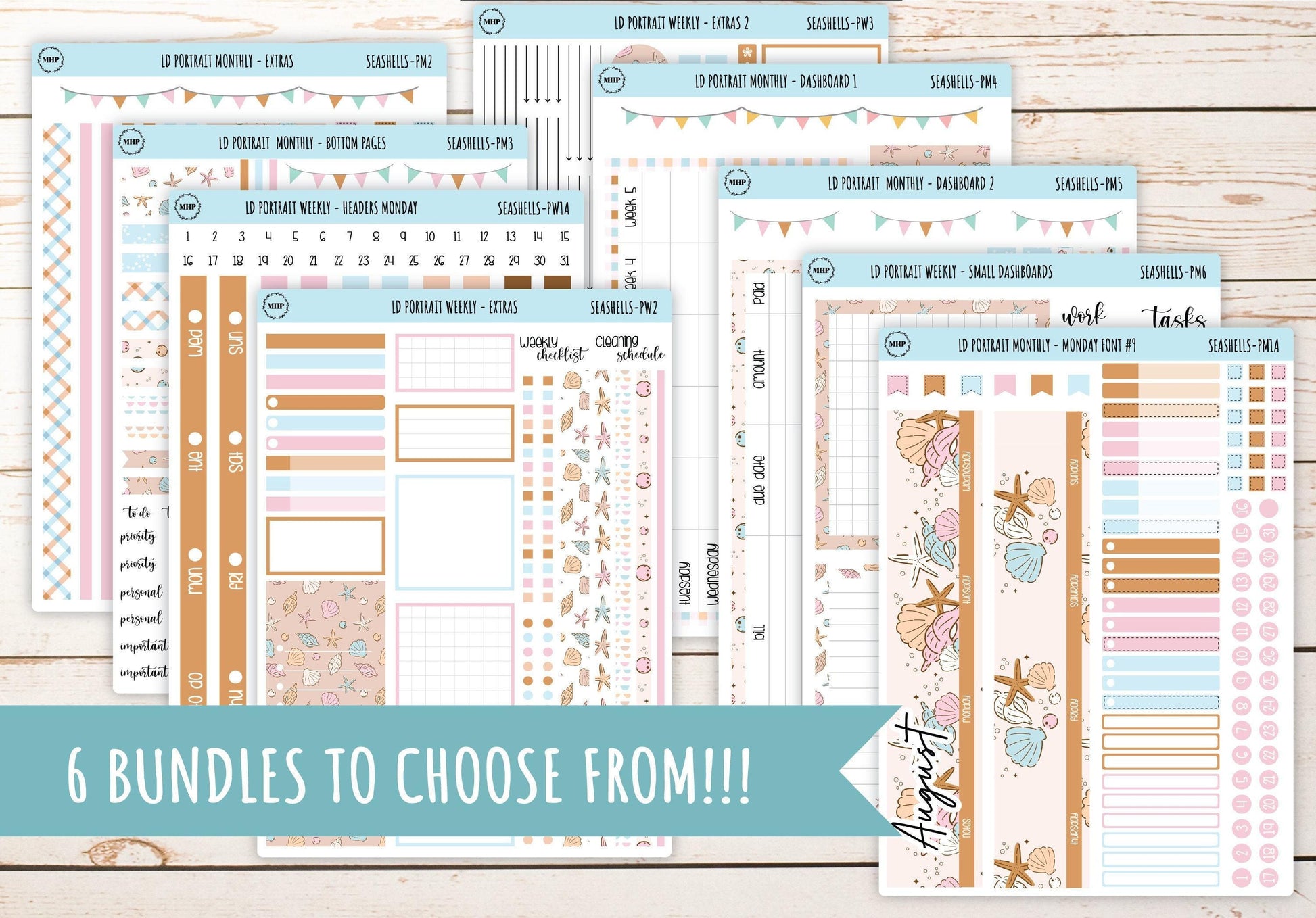 AUGUST Stickers for The Scout Laurel Denise Planner (formerly Portrait Planner). "Seashells" || PSSH