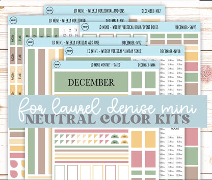 DECEMBER Neutral Color Stickers for Small Horizontal & Vertical Laurel Denise Planners. (Formerly Mini Planner) || NDEC