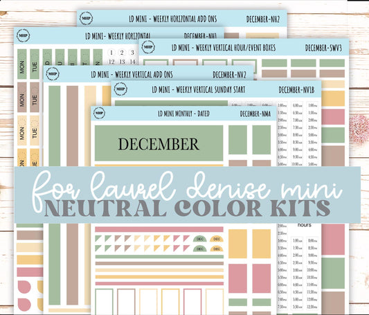 DECEMBER Neutral Color Stickers for Small Horizontal & Vertical Laurel Denise Planners. (Formerly Mini Planner) || NDEC