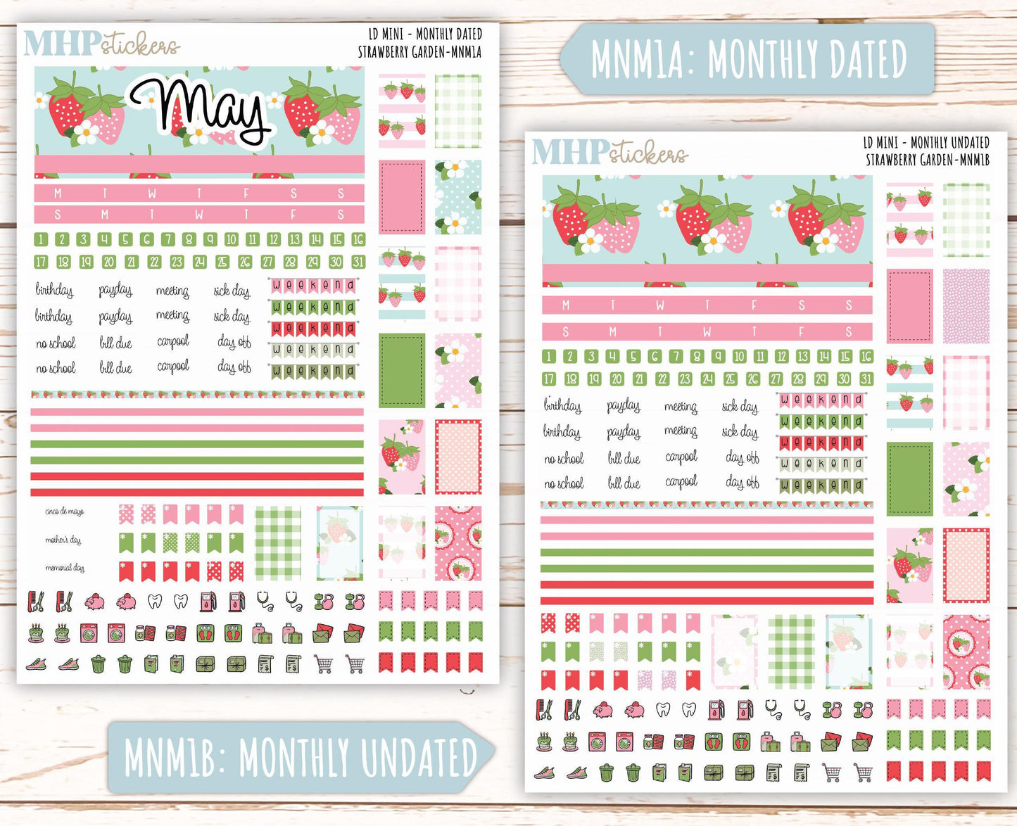 MAY 2025 Stickers for Small Horizontal & Vertical Laurel Denise Planners. (Formerly Mini Planner) "Strawberry Garden" || MNSG
