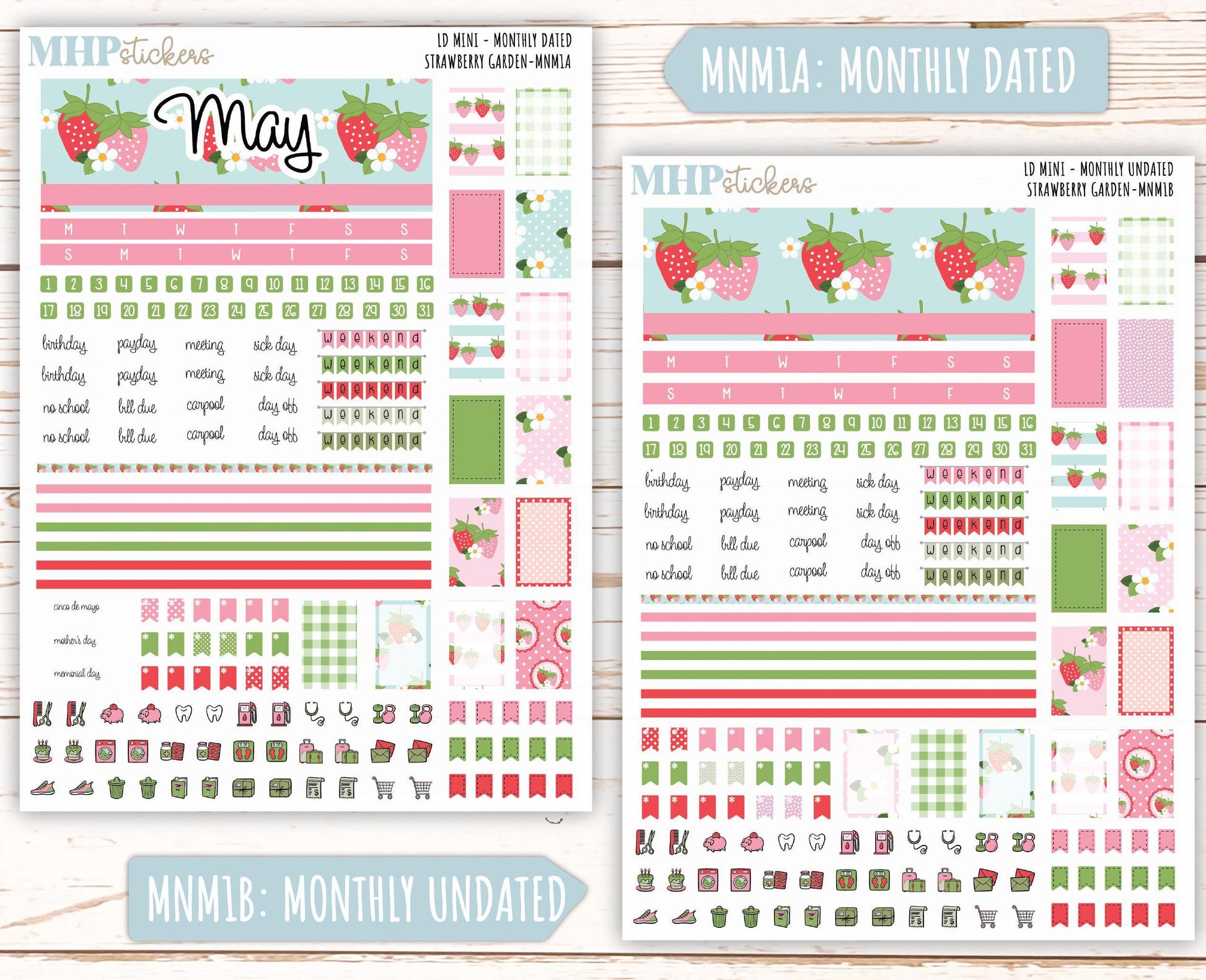MAY 2025 Stickers for Small Horizontal & Vertical Laurel Denise Planners. (Formerly Mini Planner) "Strawberry Garden" || MNSG