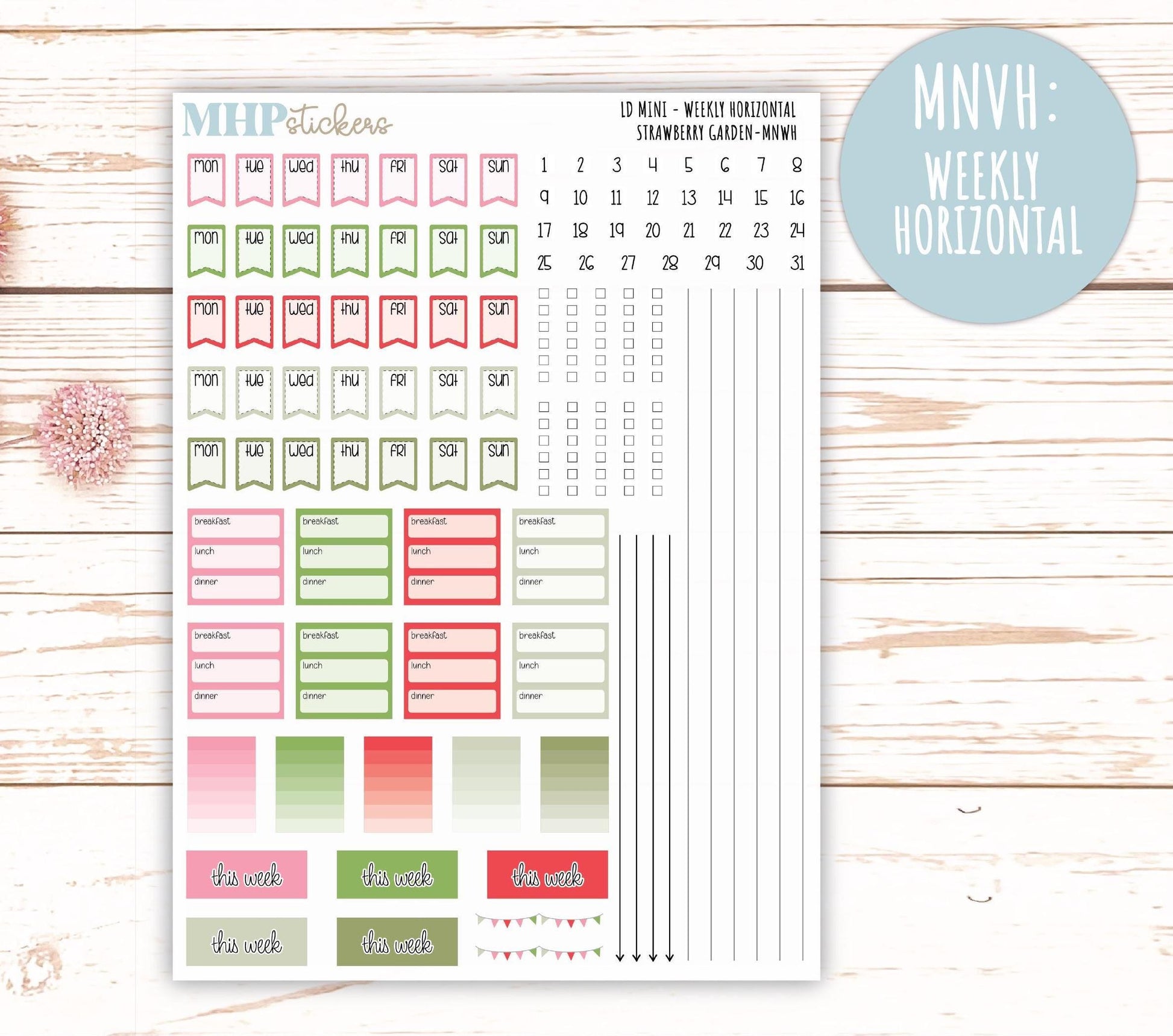 MAY 2025 Stickers for Small Horizontal & Vertical Laurel Denise Planners. (Formerly Mini Planner) "Strawberry Garden" || MNSG