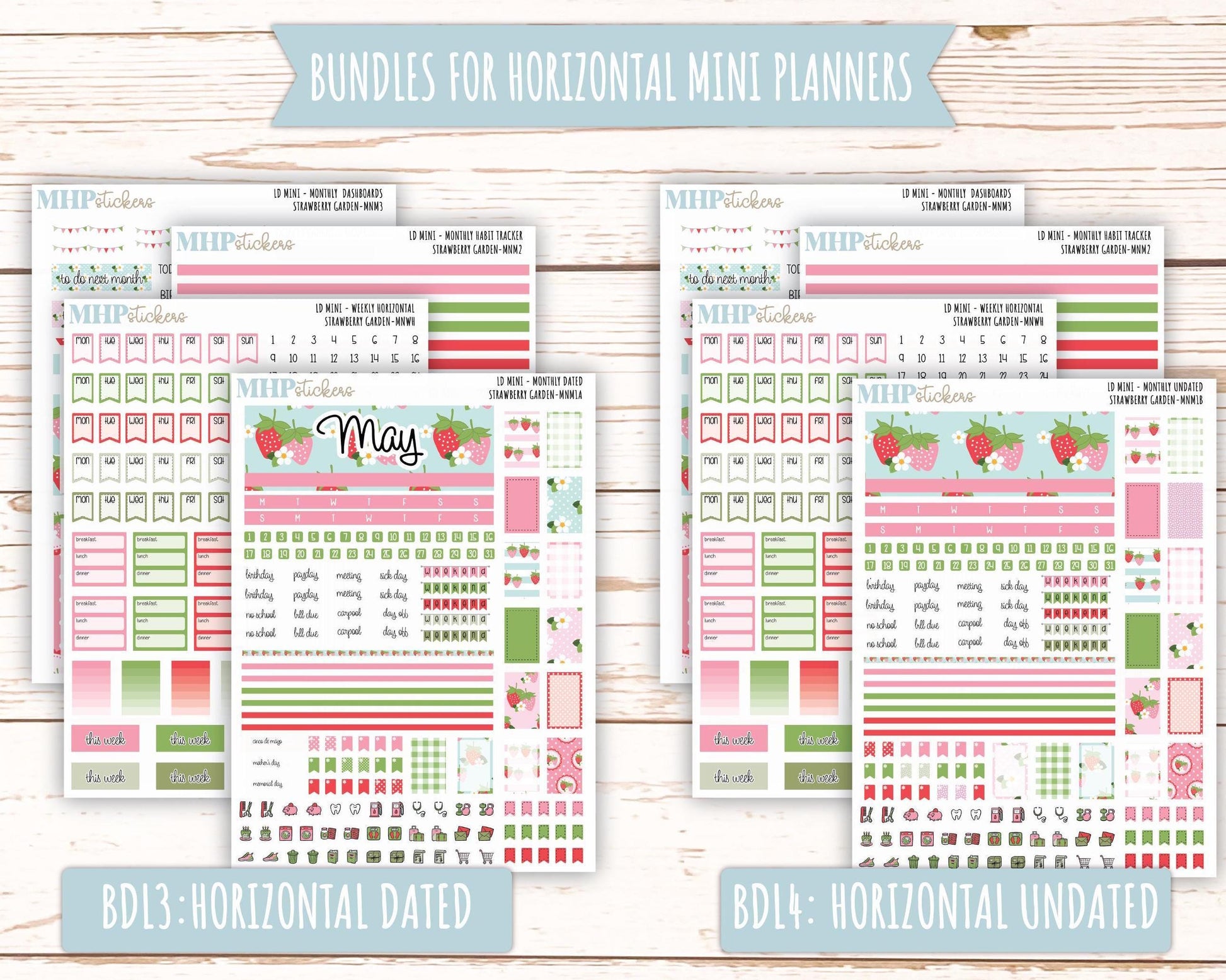 MAY 2025 Stickers for Small Horizontal & Vertical Laurel Denise Planners. (Formerly Mini Planner) "Strawberry Garden" || MNSG