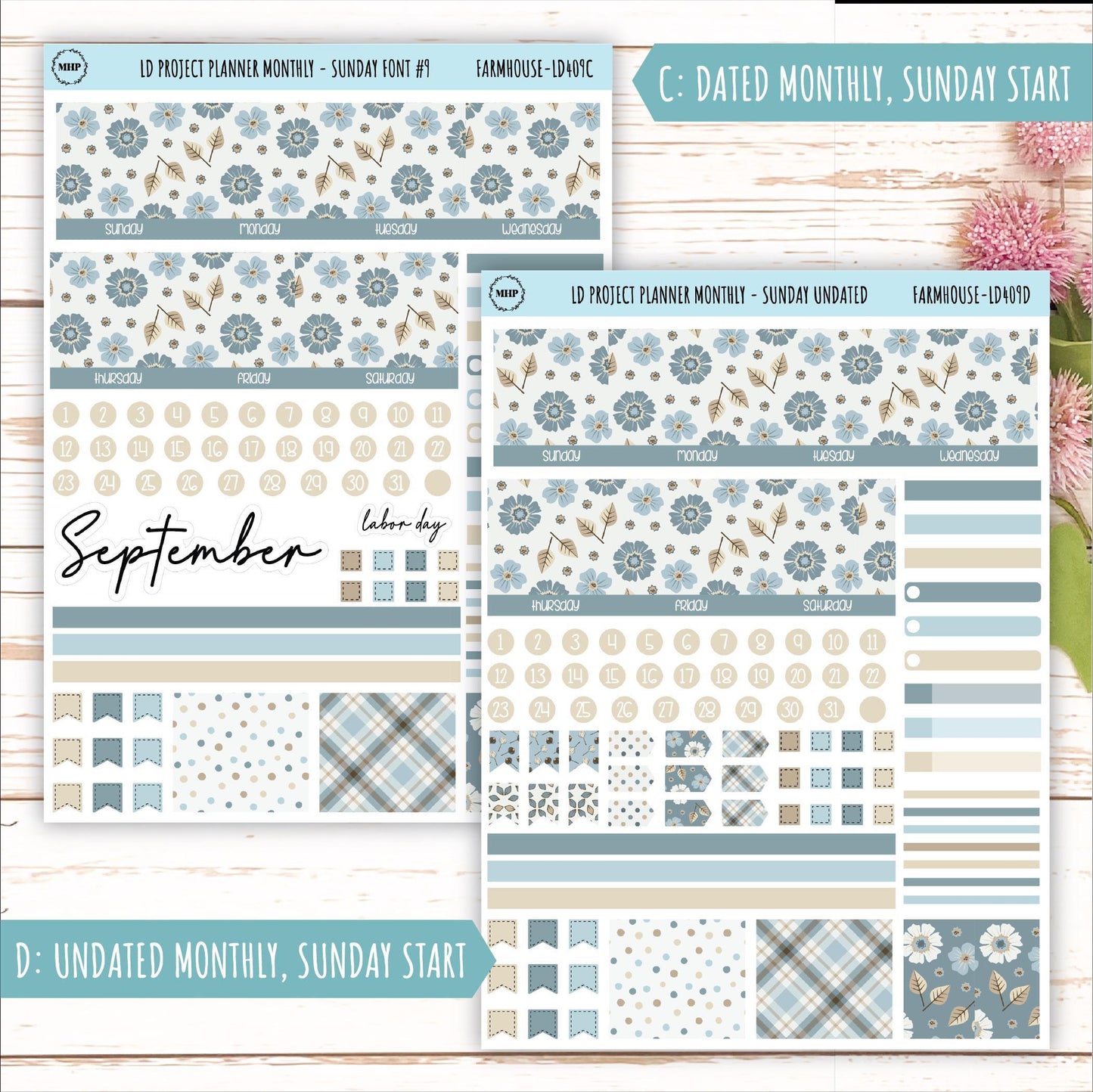 SEPTEMBER Stickers for The Rose Large Laurel Denise Planner (Formerly Project Planner) "Farmhouse" || LD409FH