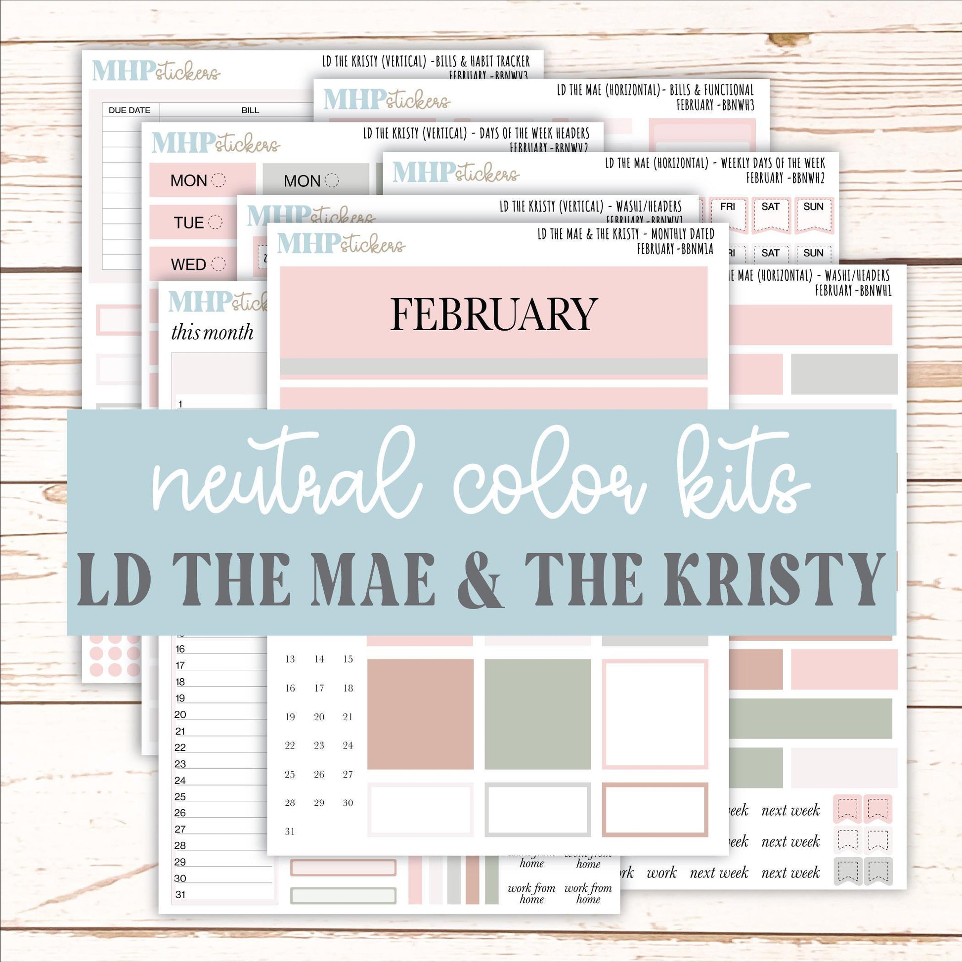 FEBRUARY Stickers for The Mae & Kristy Laurel Denise Planners (formerly Book Bound Planner). Neutral Color || BBN