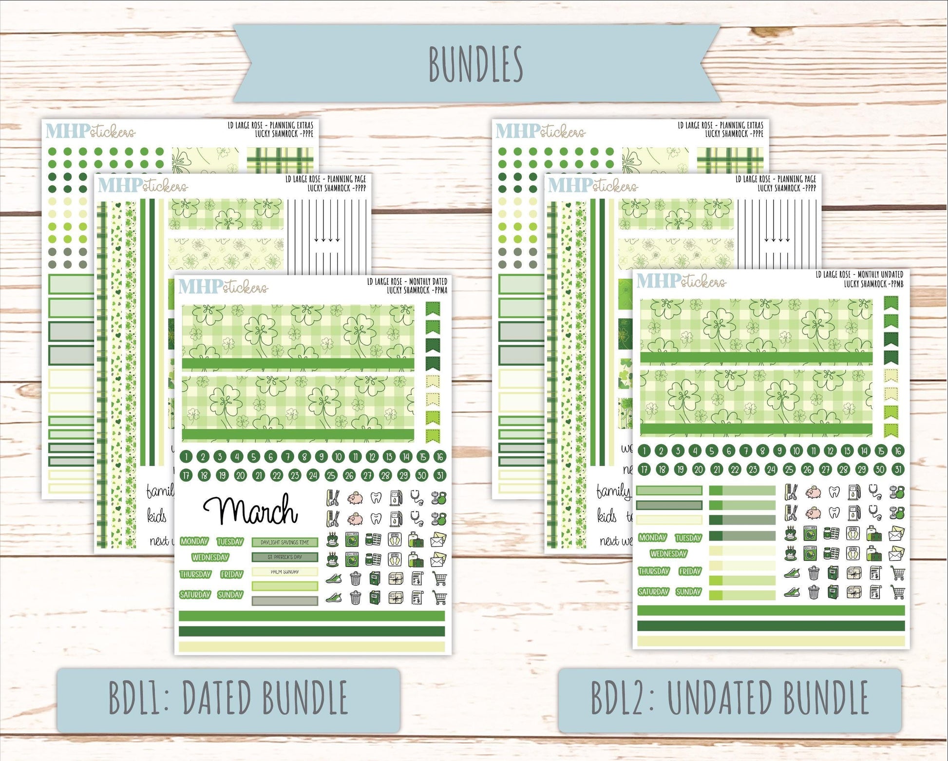 MARCH 2026 Stickers for the Large Rose Planner (Formerly Project Planner). Laurel Denise. "Lucky Shamrock" || PP