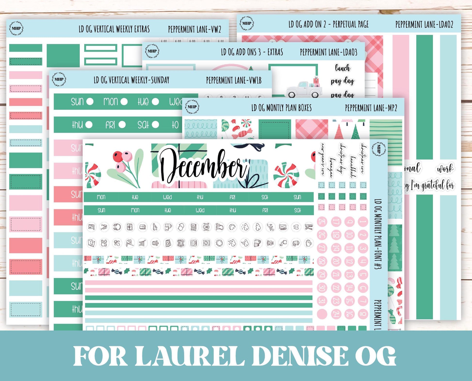 DECEMBER Stickers for Large size Horizontal & Vertical Laurel Denise Planner. (Formerly Original or Standar Size) "Peppermint Lane" || OGPL