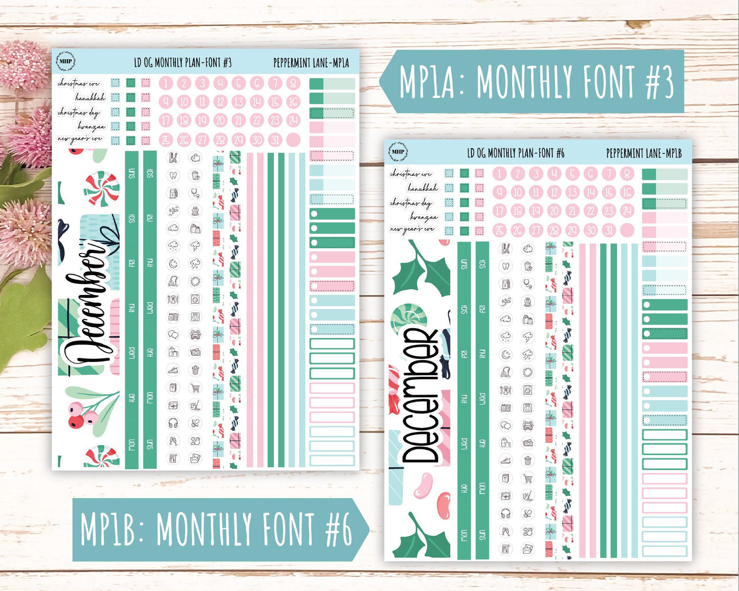 DECEMBER Stickers for Large size Horizontal & Vertical Laurel Denise Planner. (Formerly Original or Standar Size) "Peppermint Lane" || OGPL