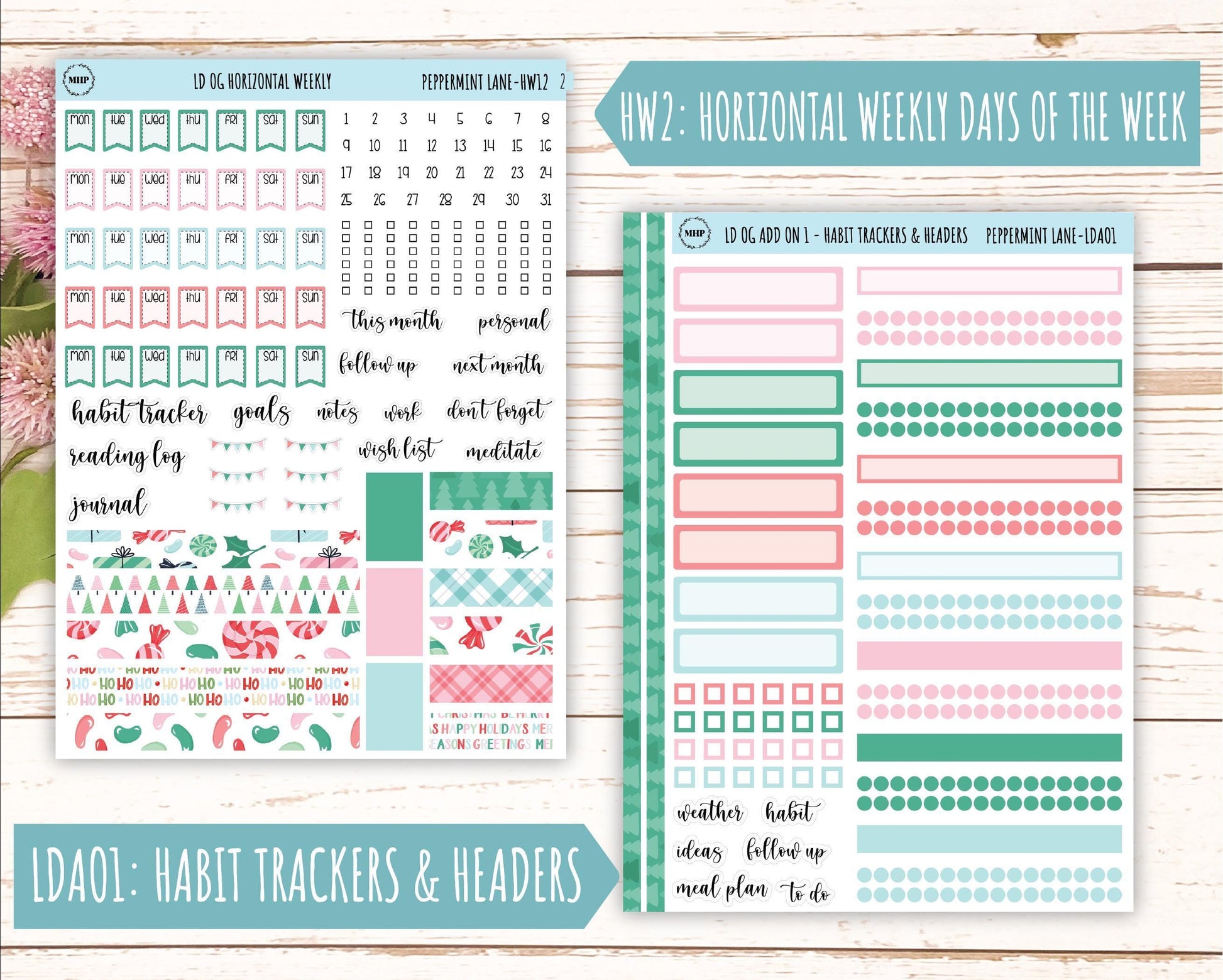 DECEMBER Stickers for Large size Horizontal & Vertical Laurel Denise Planner. (Formerly Original or Standar Size) "Peppermint Lane" || OGPL
