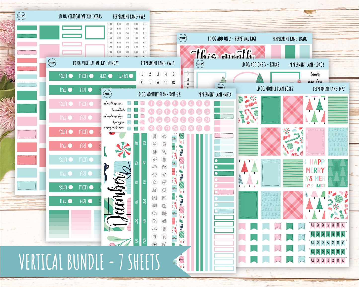 DECEMBER Stickers for Large size Horizontal & Vertical Laurel Denise Planner. (Formerly Original or Standar Size) "Peppermint Lane" || OGPL