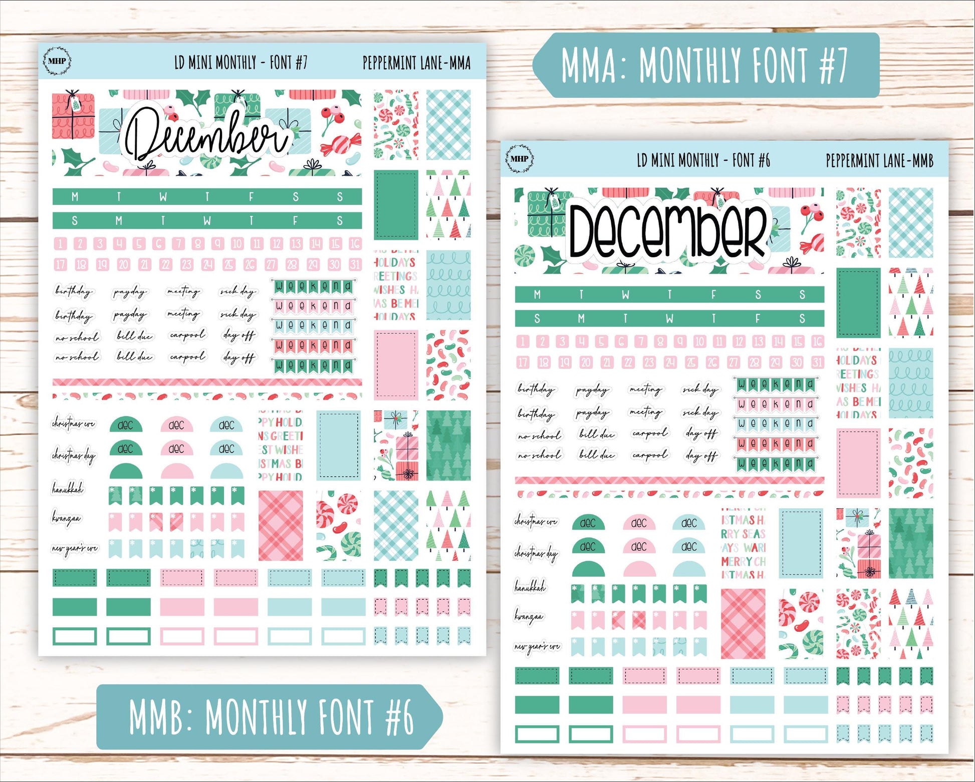 DECEMBER Stickers for Small Horizontal & Vertical Laurel Denise Planners. (Formerly Mini Planner) "Peppermint Lane" || MPL