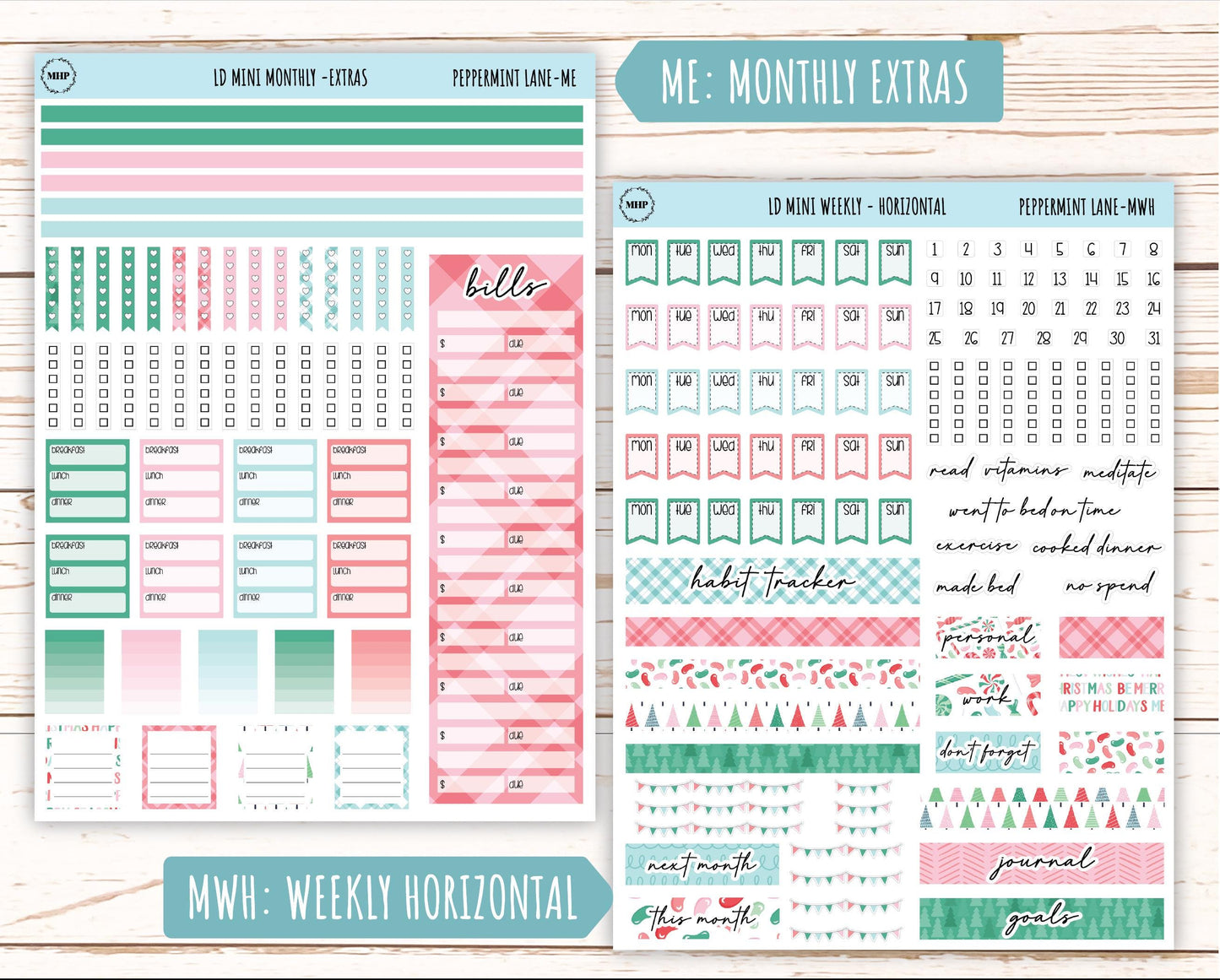 DECEMBER Stickers for Small Horizontal & Vertical Laurel Denise Planners. (Formerly Mini Planner) "Peppermint Lane" || MPL