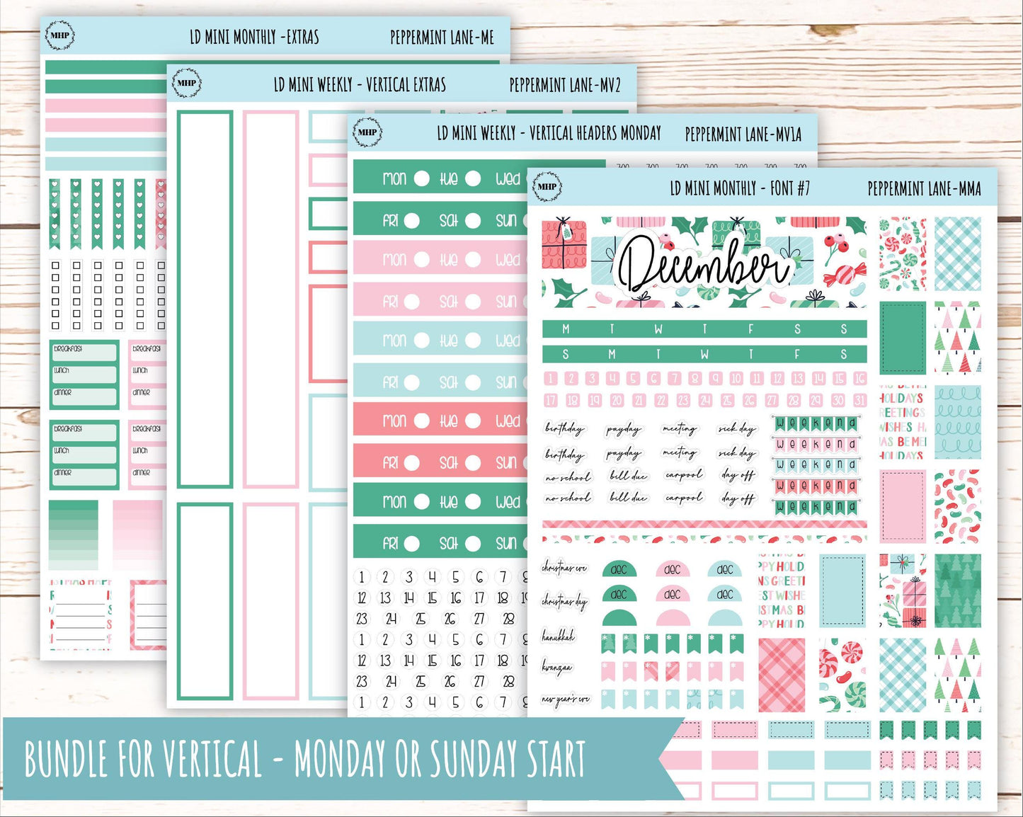 DECEMBER Stickers for Small Horizontal & Vertical Laurel Denise Planners. (Formerly Mini Planner) "Peppermint Lane" || MPL