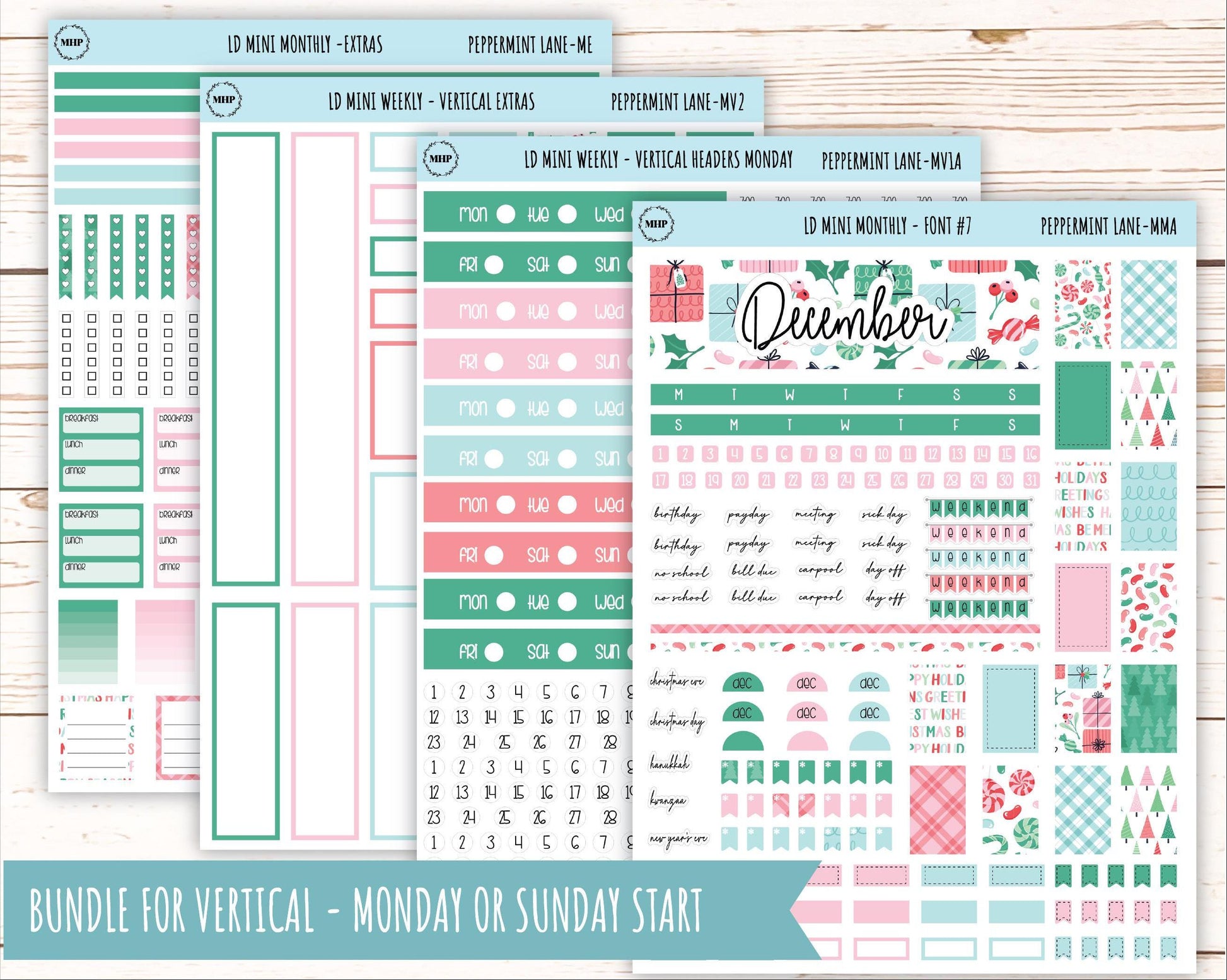 DECEMBER Stickers for Small Horizontal & Vertical Laurel Denise Planners. (Formerly Mini Planner) "Peppermint Lane" || MPL