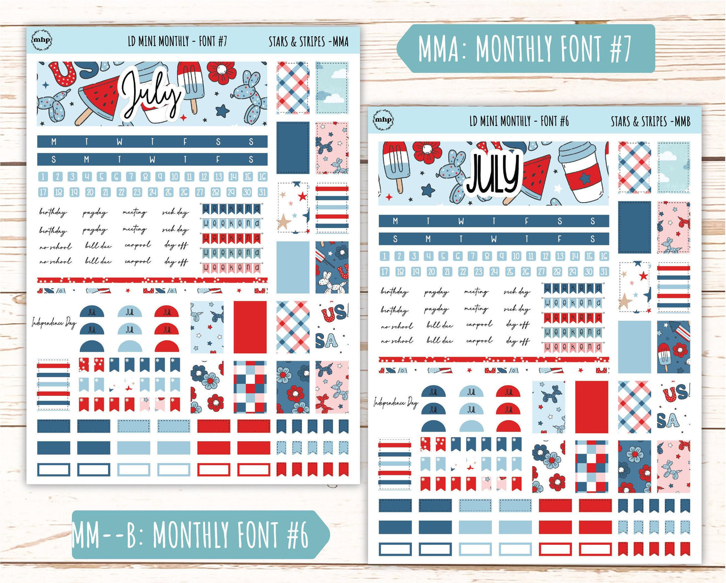 July Sticker for Small Horizontal & Vertical Laurel Denise Planners. (Formerly Mini Planner) "Stars and Stripes" || MSAS