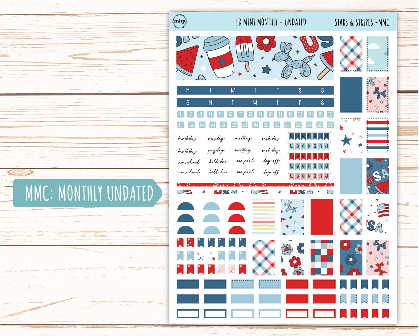 July Sticker for Small Horizontal & Vertical Laurel Denise Planners. (Formerly Mini Planner) "Stars and Stripes" || MSAS