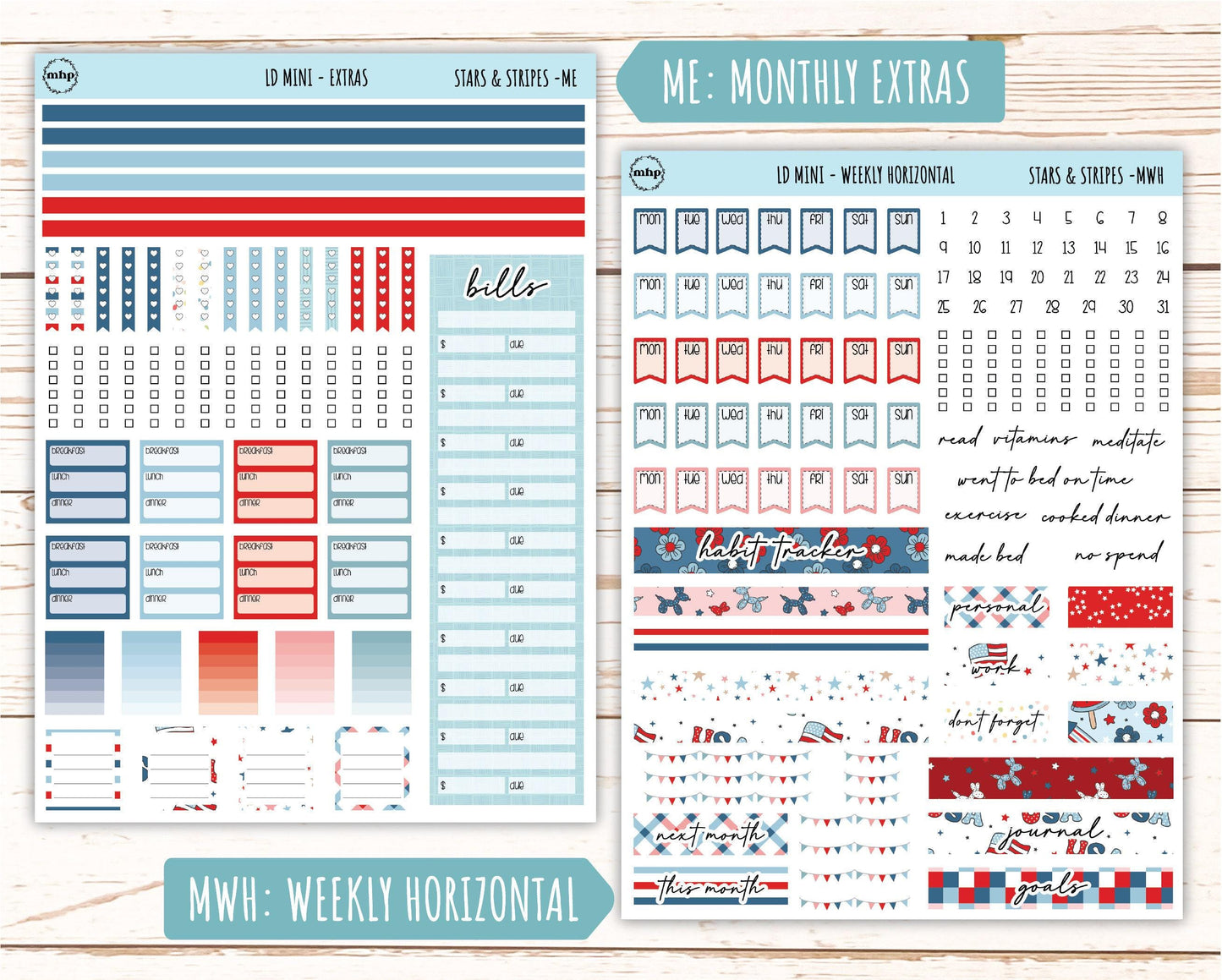 July Sticker for Small Horizontal & Vertical Laurel Denise Planners. (Formerly Mini Planner) "Stars and Stripes" || MSAS