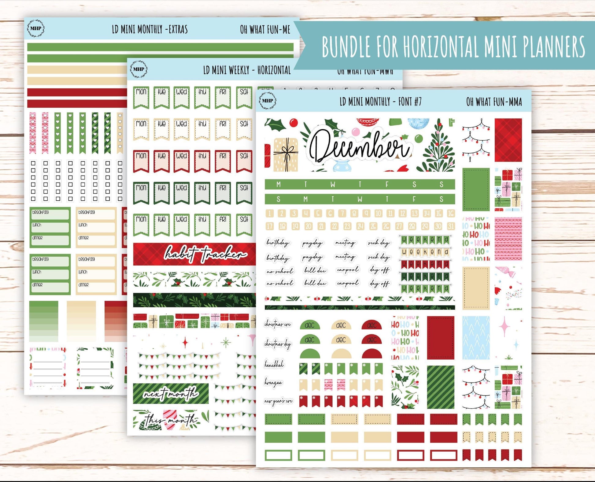 DECEMBER Stickers for Small Horizontal & Vertical Laurel Denise Planners. (Formerly Mini Planner) "Oh What Fun" || MOWF