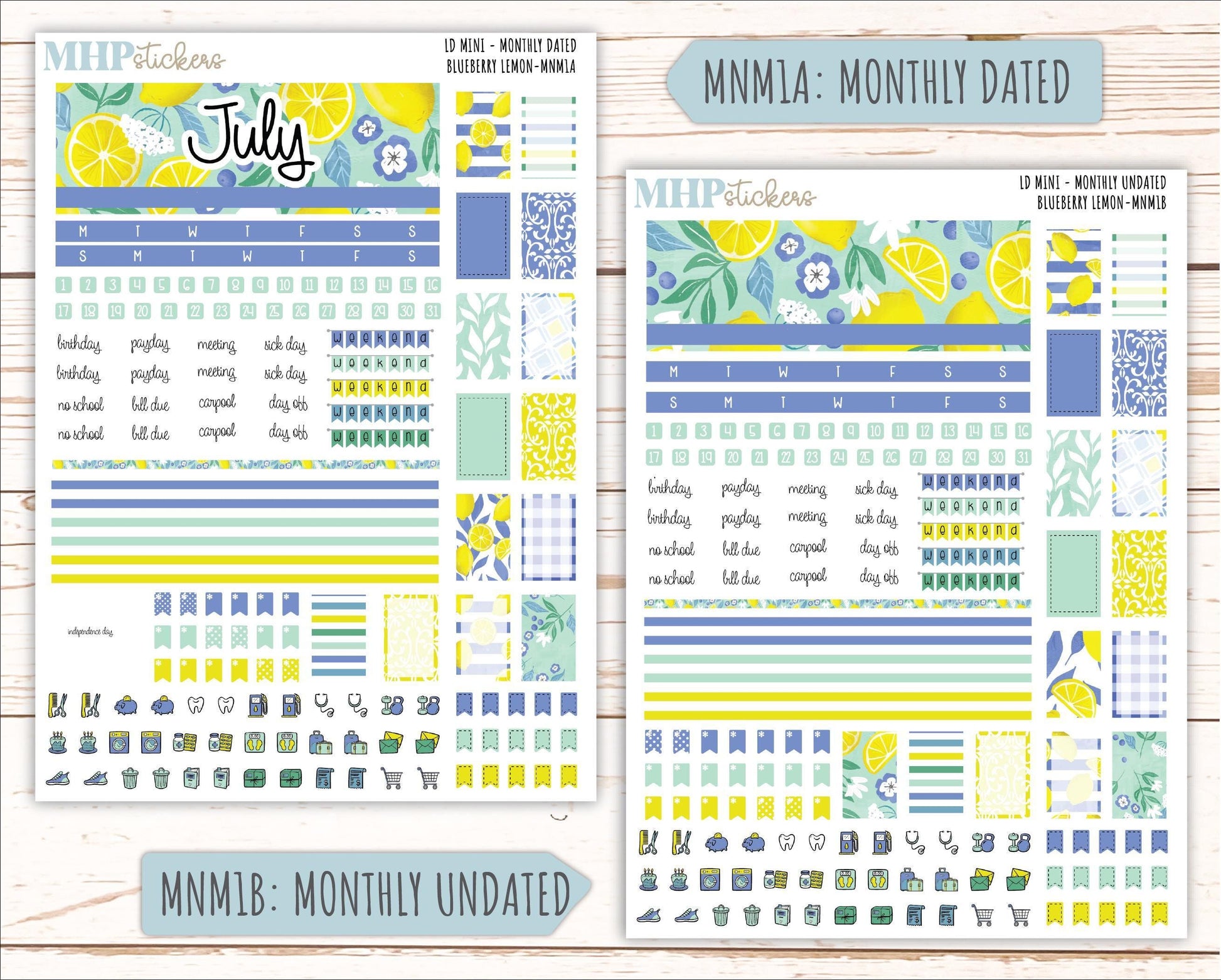 JULY 2025 Stickers for Small Horizontal & Vertical Laurel Denise Planners. (Formerly Mini Planner) "Blueberry Lemon" || MNBL