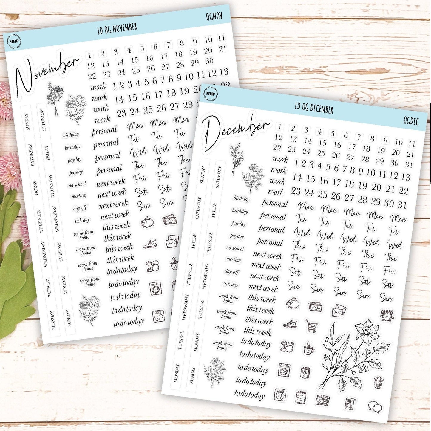 Minimalist Stickers for Large size, Horizontal & Vertical Laurel Denise Planners. || LD-OG