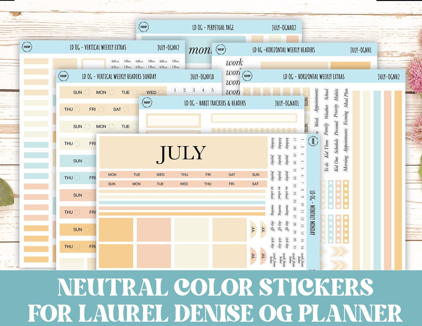 Neutral Color Stickers for Large size Horizontal & Vertical Laurel Denise Planner. (Formerly Original or Standar Size) JULY || OGNJUL