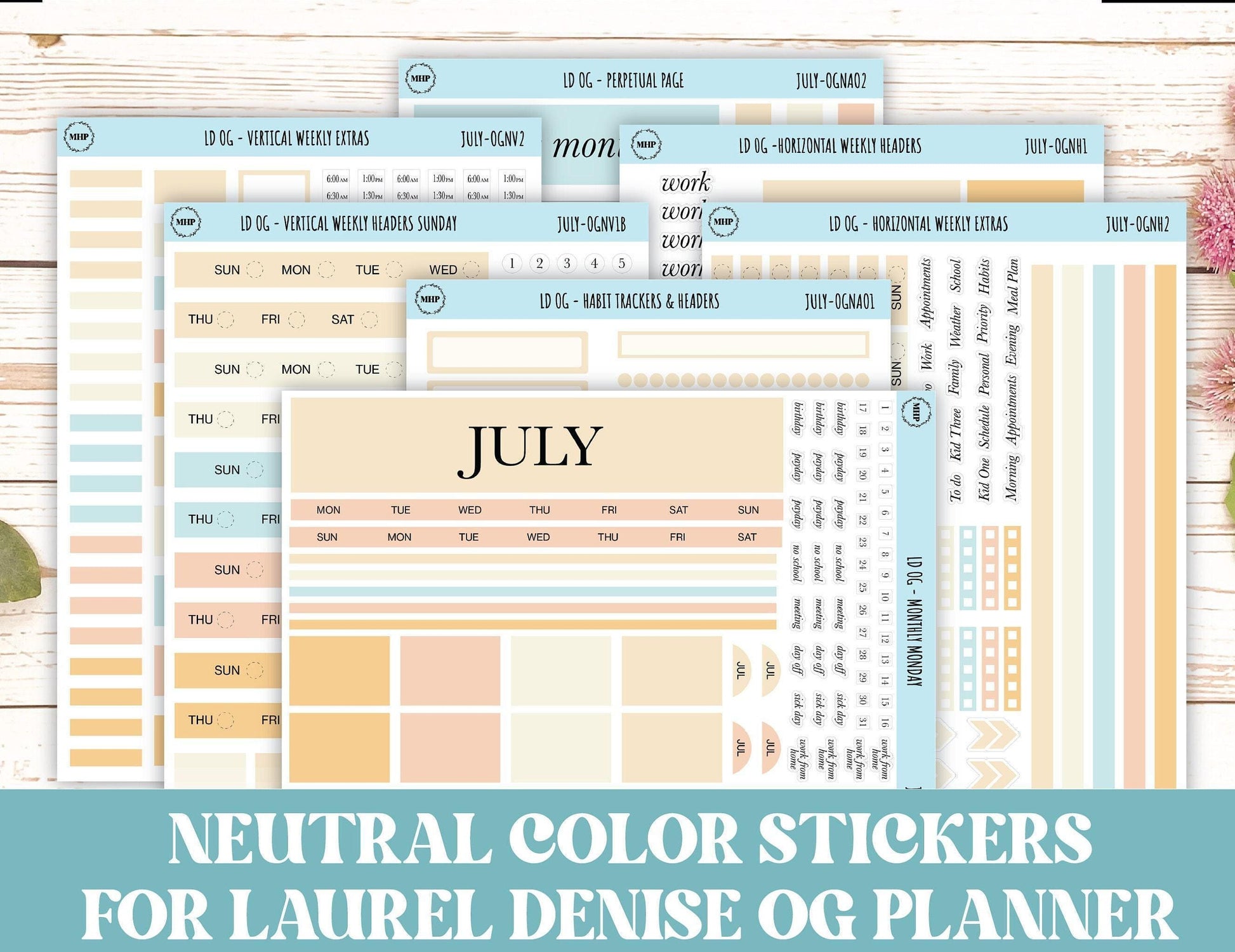 Neutral Color Stickers for Large size Horizontal & Vertical Laurel Denise Planner. (Formerly Original or Standar Size) JULY || OGNJUL