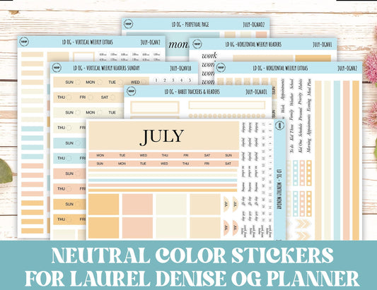 Neutral Color Stickers for Large size Horizontal & Vertical Laurel Denise Planner. (Formerly Original or Standar Size) JULY || OGNJUL