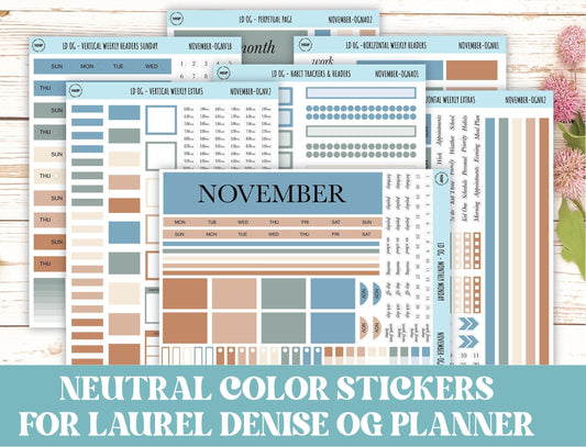 Neutral Color Stickers for Large size Horizontal & Vertical Laurel Denise Planner. (Formerly Original or Standar Size) NOVEMBER || OGNNOV