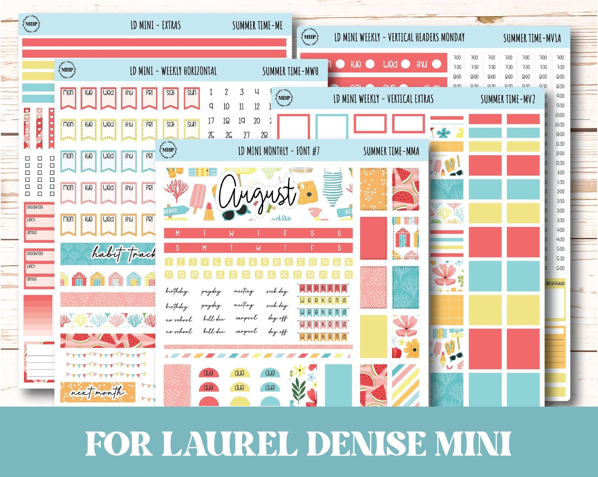 August Stickers for Small Horizontal & Vertical Laurel Denise Planners. (Formerly Mini Planner) "Summer Time" || MST