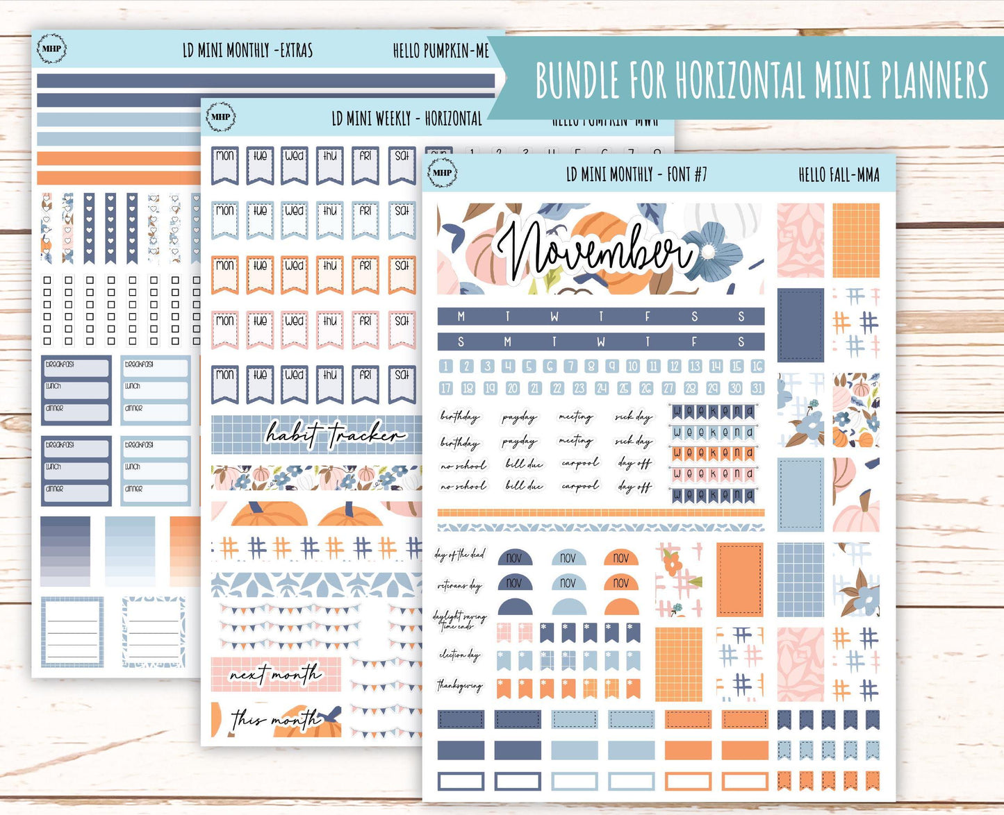 November Stickers for Small Horizontal & Vertical Laurel Denise Planners. (Formerly Mini Planner) "Hello Fall" || MHF