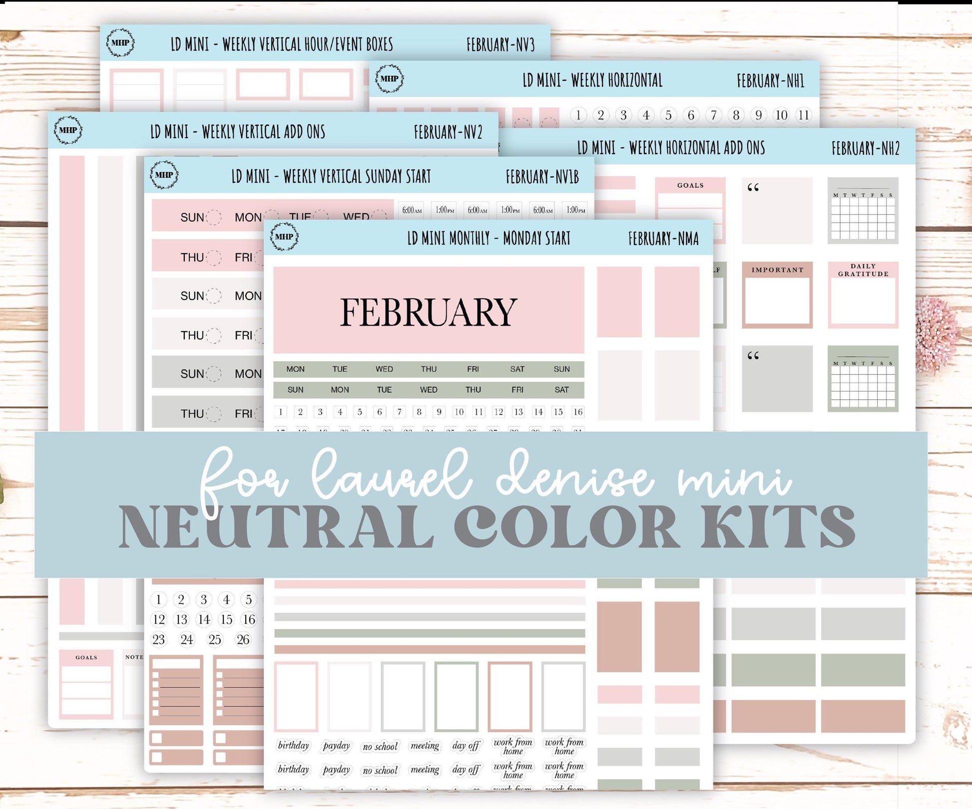 FEBRARY Neutral Color Stickers for Small Horizontal & Vertical Laurel Denise Planners. (Formerly Mini Planner) || NFEB