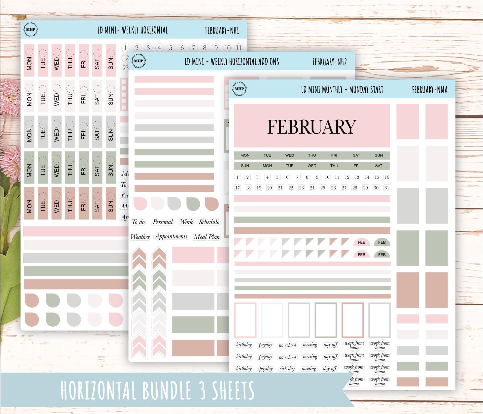 FEBRARY Neutral Color Stickers for Small Horizontal & Vertical Laurel Denise Planners. (Formerly Mini Planner) || NFEB