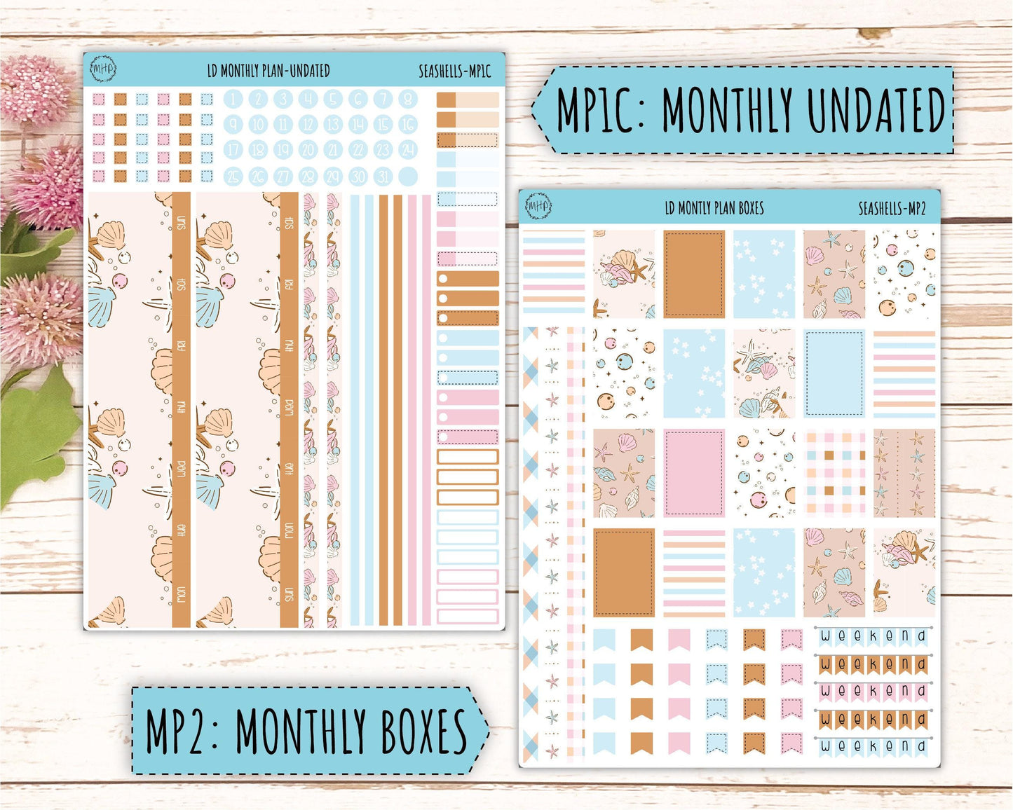 August Stickers for Large size Horizontal & Vertical Laurel Denise Planner. (Formerly Original or Standar Size) "Seashells" || MPSSH