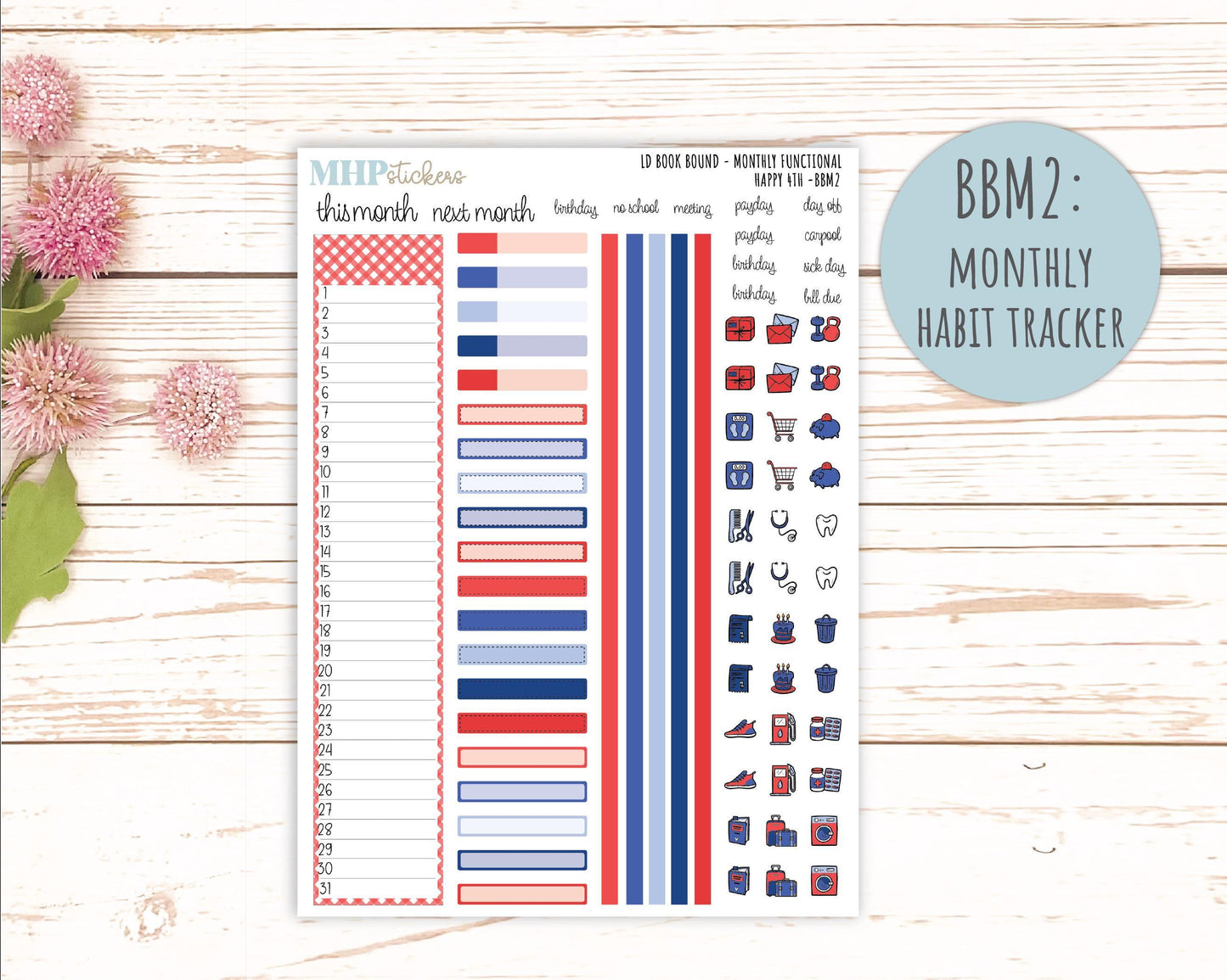 July 2025 Stickers for The Mae & The Kristy Laurel Denise Planners ( Formerly Book Bound Planner) "Happy 4th" || BB
