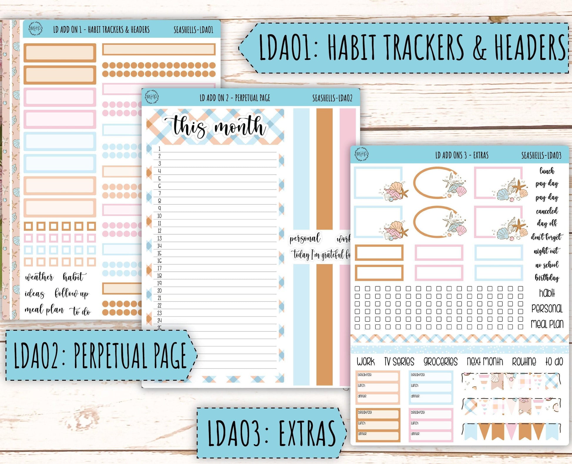 August Stickers for Large size Horizontal & Vertical Laurel Denise Planner. (Formerly Original or Standar Size) "Seashells" || MPSSH