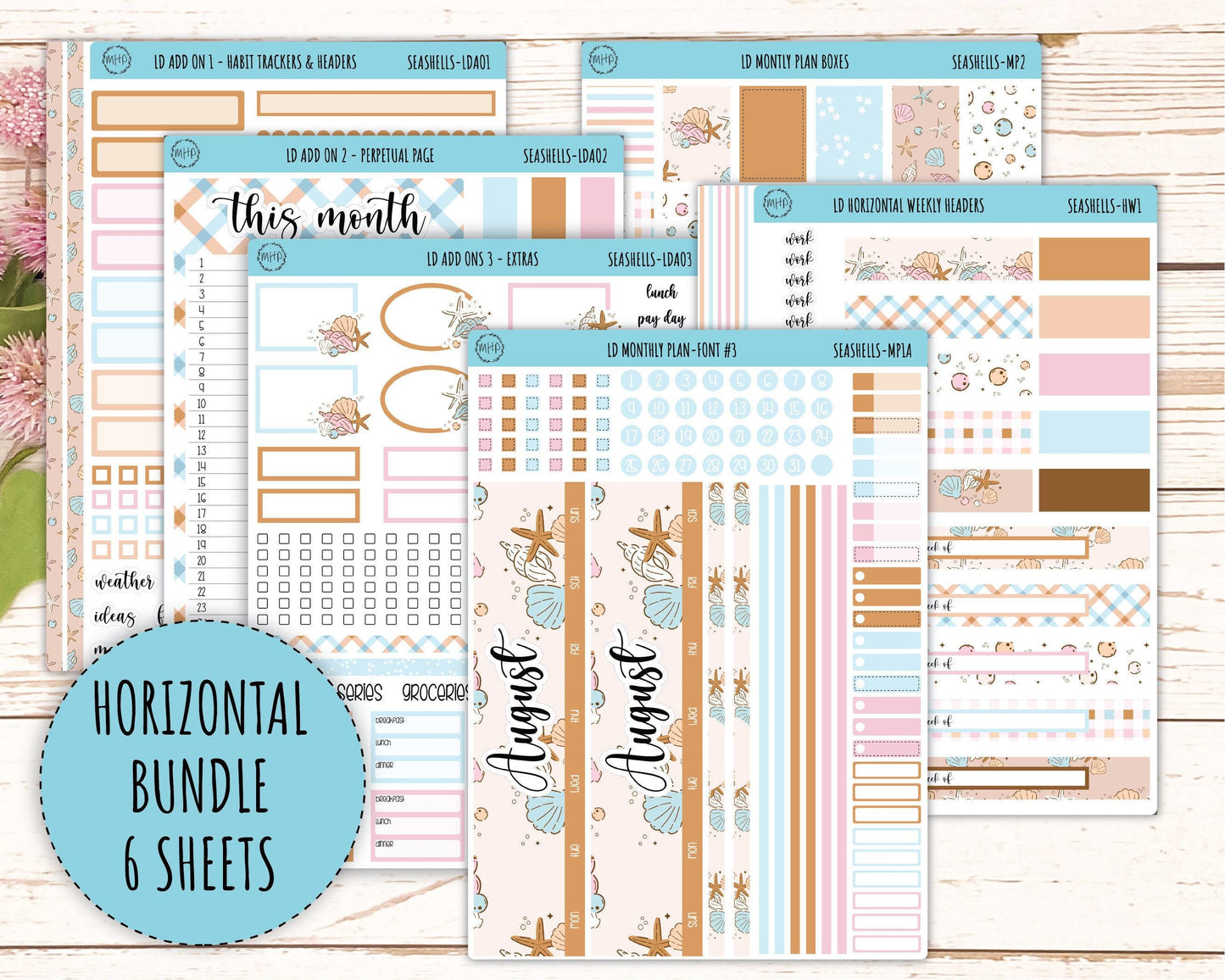 August Stickers for Large size Horizontal & Vertical Laurel Denise Planner. (Formerly Original or Standar Size) "Seashells" || MPSSH