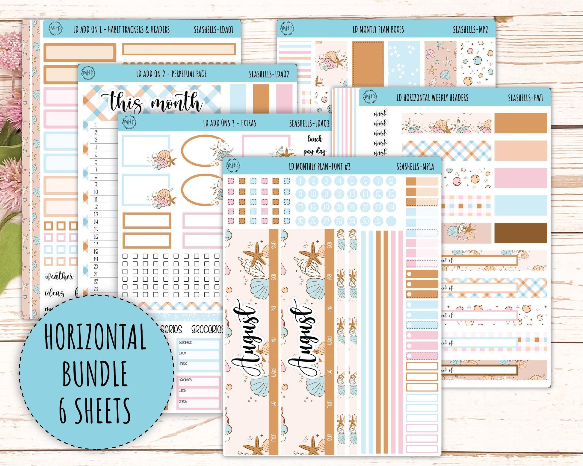 August Stickers for Large size Horizontal & Vertical Laurel Denise Planner. (Formerly Original or Standar Size) "Seashells" || MPSSH