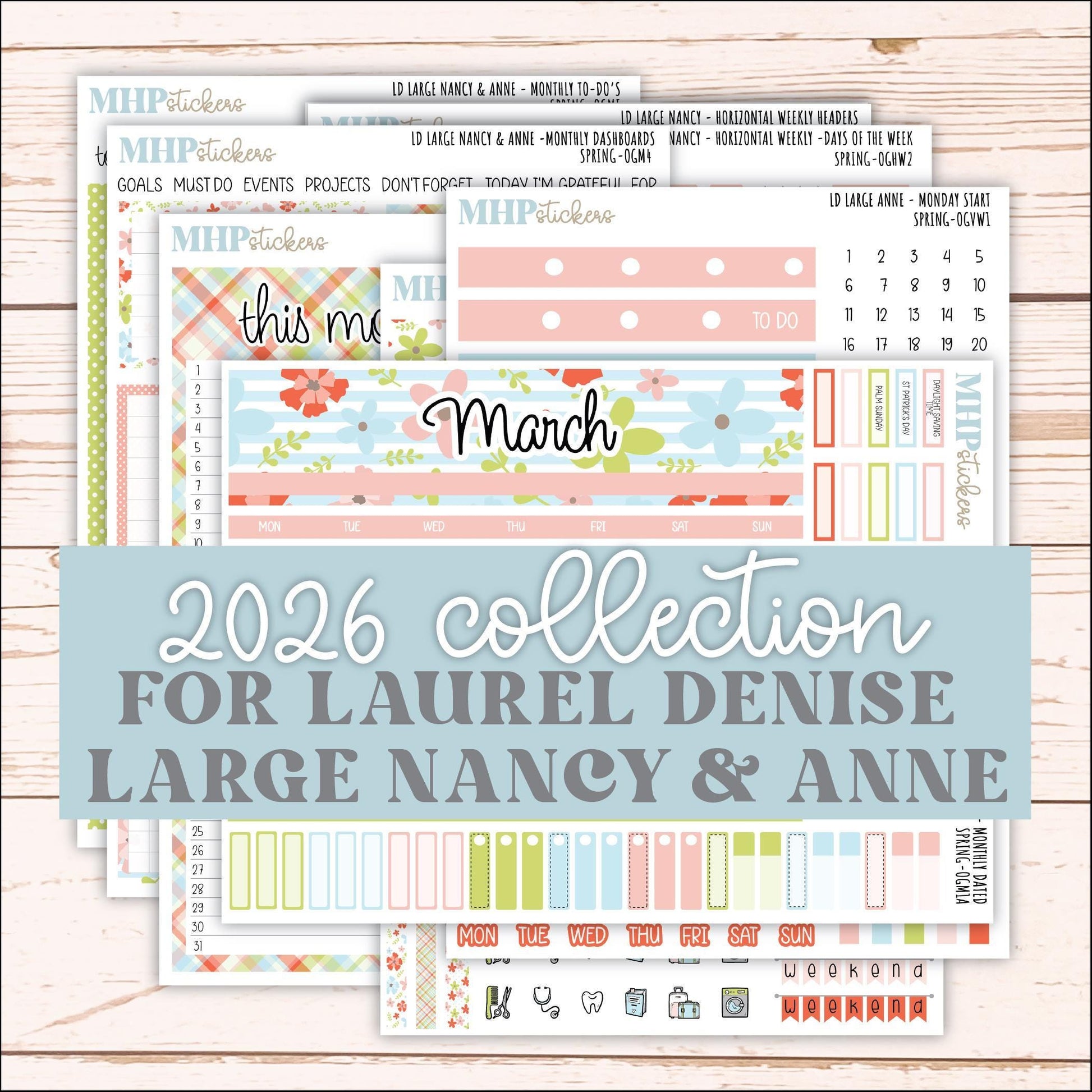 MARCH 2026 Stickers for Large Nancy & Anne Planners (Formerly Original Size). For Laurel Denise Planners. "Spring" || OG