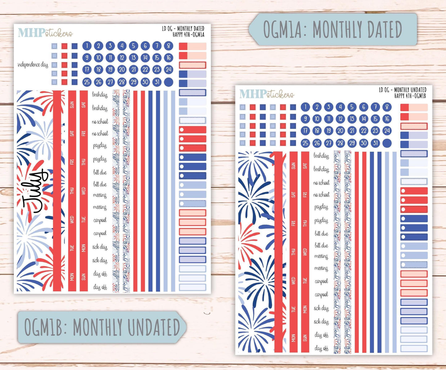 JULY 2025 Stickers for Large size Horizontal & Vertical Laurel Denise Planners. (Formerly Original Size) "Happy 4th" || OGH4