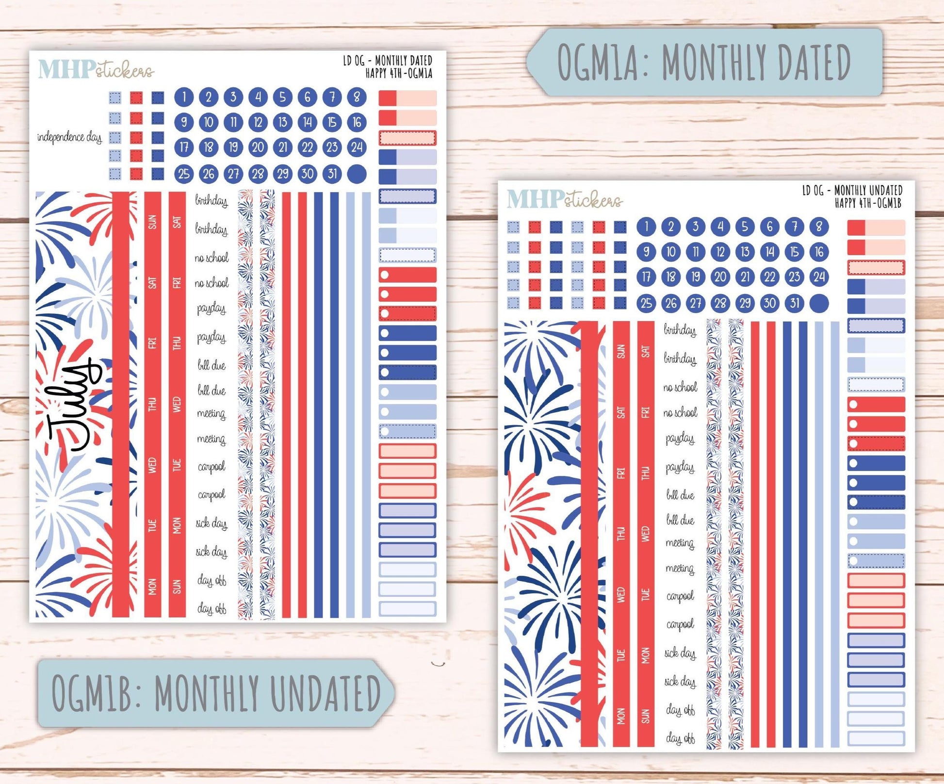 JULY 2025 Stickers for Large size Horizontal & Vertical Laurel Denise Planners. (Formerly Original Size) "Happy 4th" || OGH4