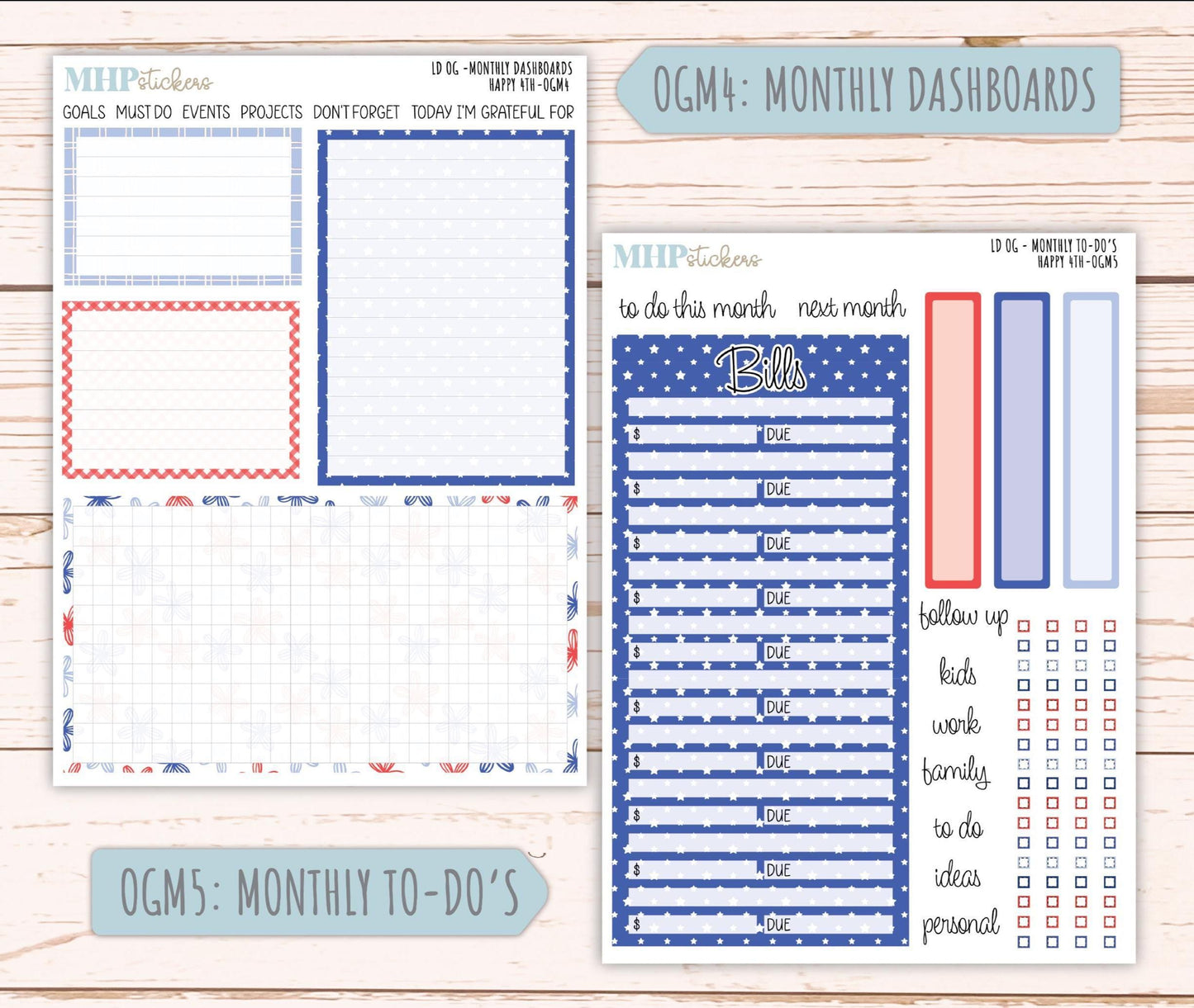 JULY 2025 Stickers for Large size Horizontal & Vertical Laurel Denise Planners. (Formerly Original Size) "Happy 4th" || OGH4