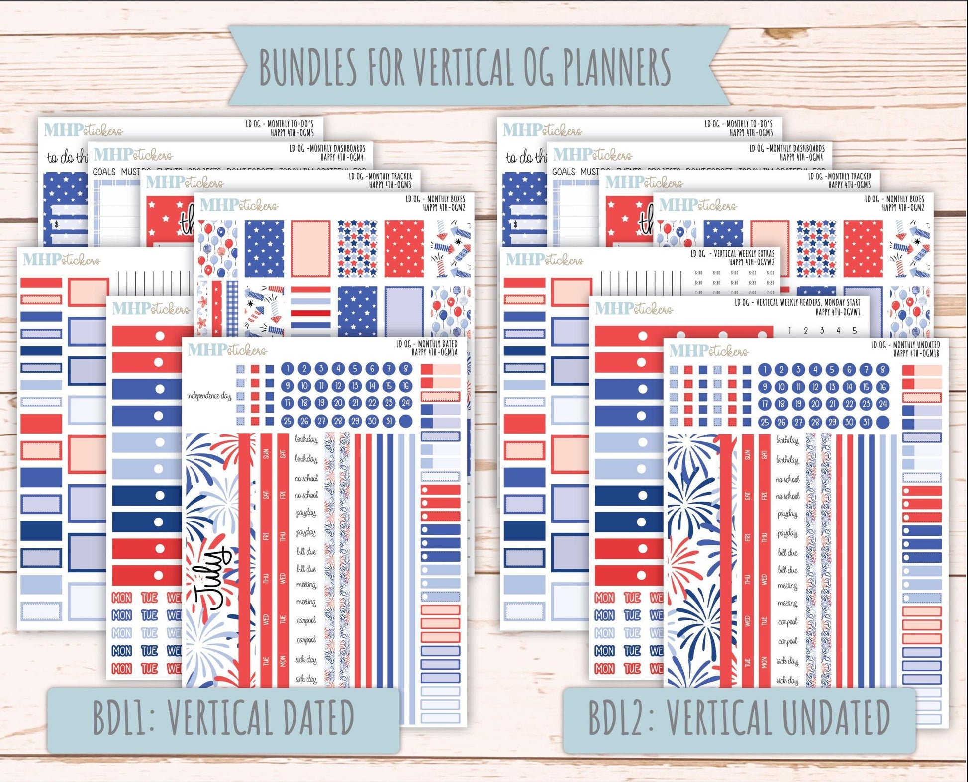 JULY 2025 Stickers for Large size Horizontal & Vertical Laurel Denise Planners. (Formerly Original Size) "Happy 4th" || OGH4