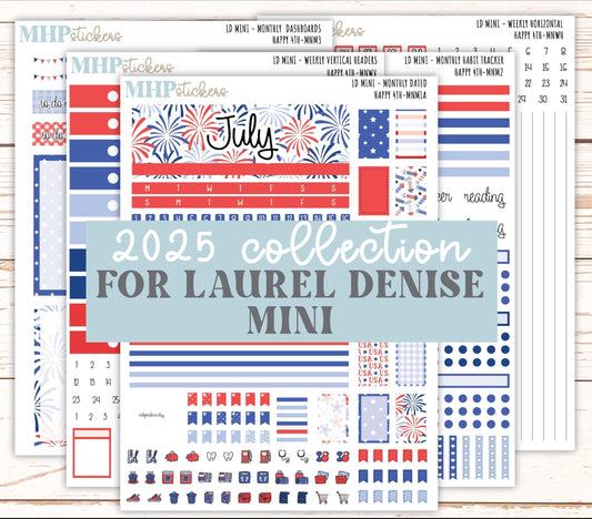 JULY 2025 Stickers for Small Horizontal & Vertical Laurel Denise Planners. (Formerly Mini Planner) "Happy 4th" || MN