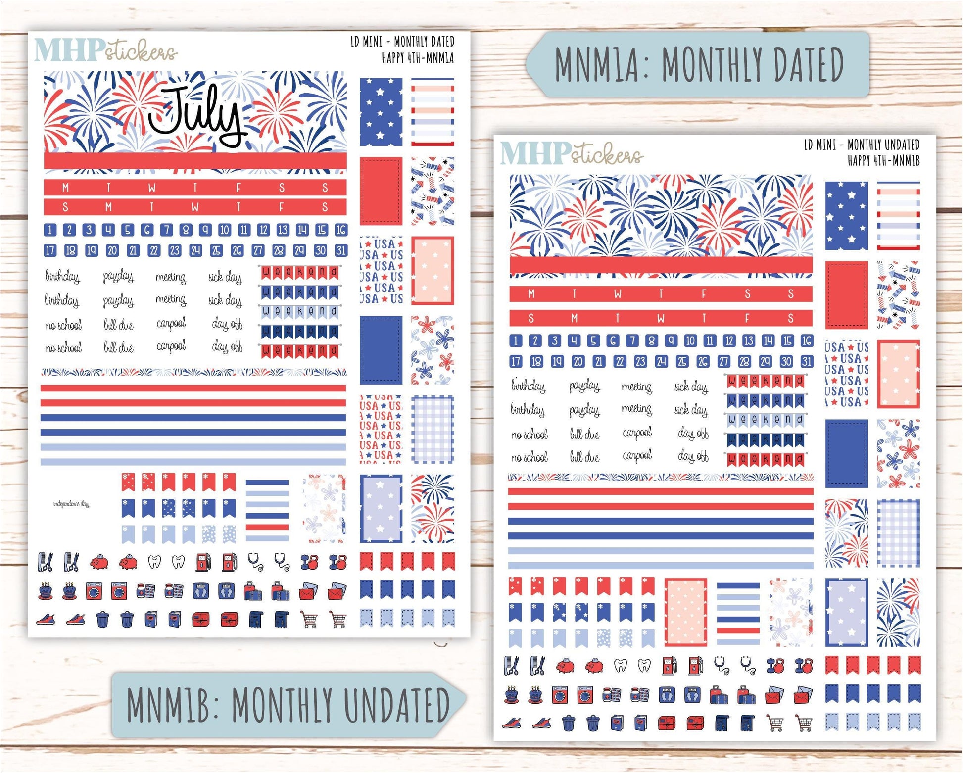 JULY 2025 Stickers for Small Horizontal & Vertical Laurel Denise Planners. (Formerly Mini Planner) "Happy 4th" || MN